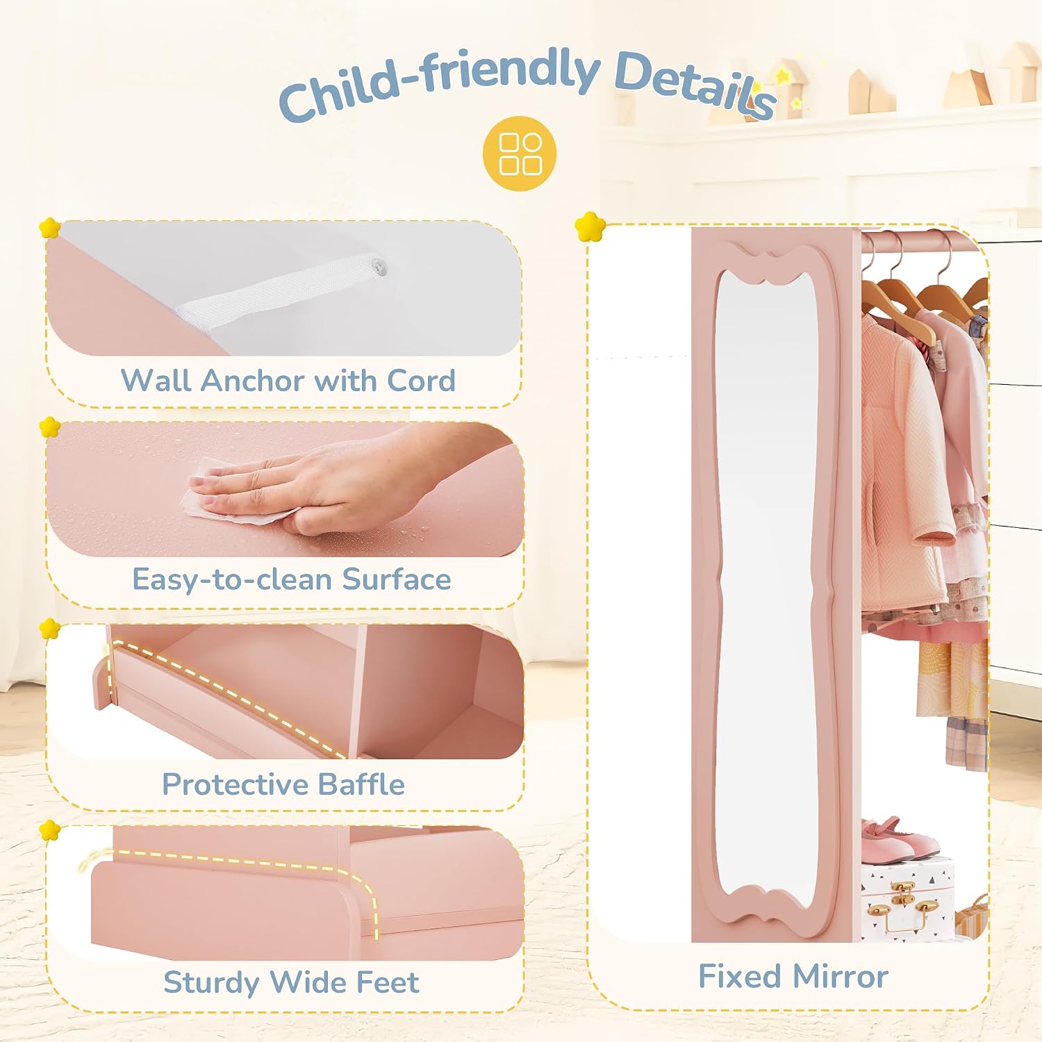 Curipeer Kids Dress Up Storage with Flower Mirror, Open Hanging Closet Wardrobe for Children, Kids Armoire & Costume Organizer for Bedroom Playroom Preschools Classroom, Pink
