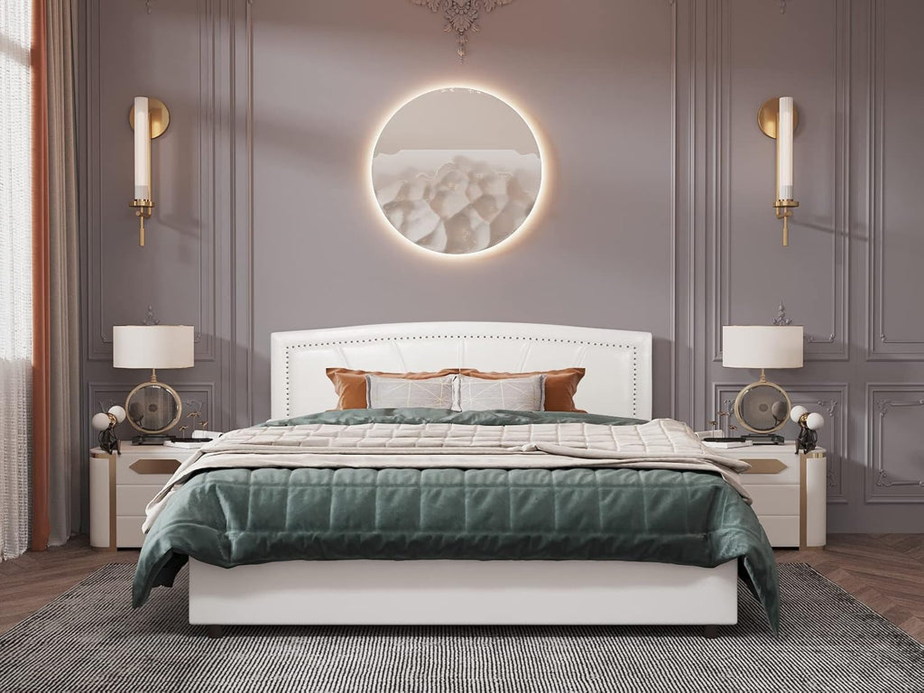 BONSOIR Full Size Storage Bed Frame Upholstered Low Profile Traditional Platform with Tufted and Nail Headboard/No Box Spring Needed/4 Pull Out Drawers/White Faux Leather