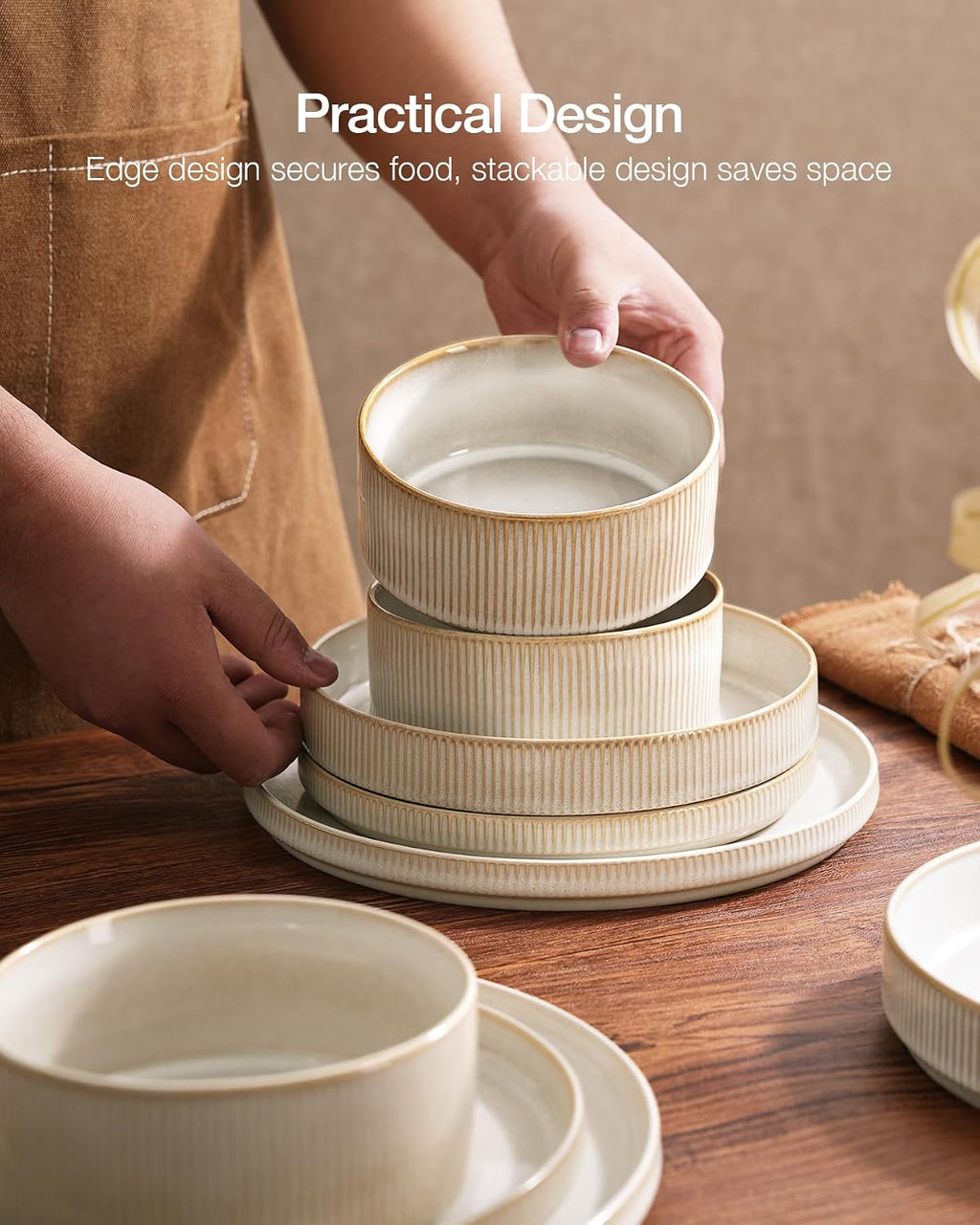 Famiware Star Dinnerware Set with Pasta Bowls, Service for 6 (24 Pieces), Ribbed Stoneware Plates and Double Bowls Sets - Chip & Scratch Resistant, Microwave & Dishwasher Safe Dishes, Cappuccino White