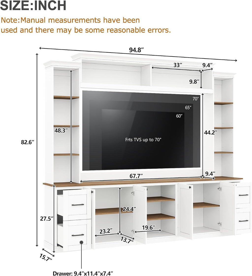 4-Piece Entertainment Center Wall Unit for TVs up to 70', Large TV Stand with Bookcase, 6 Drawers & Adjustable Shelves, Elegant Large Wall Media Console Unit for Living Room, White