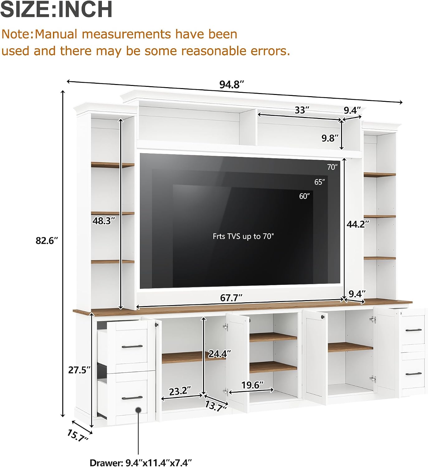 4-Piece Entertainment Center Wall Unit for TVs up to 70', Large TV Stand with Bookcase, 6 Drawers & Adjustable Shelves, Elegant Large Wall Media Console Unit for Living Room, White