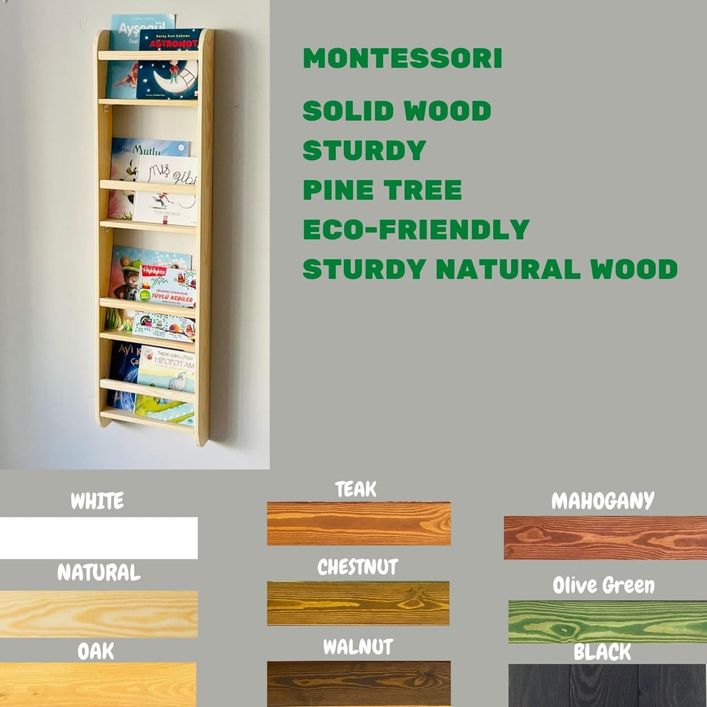 4 Tier Natural Wood Handmade Montessori Kids Bookshelf, Wall Mounted Space Saver Children for Nursery (Wide 24' Width, Natural)