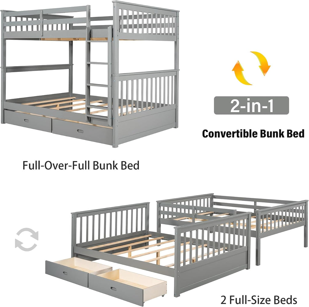 Merax Wood Bunk Bed with Drawers,Convertible Wood Bunk Bed with Ladders and Two Storage Drawers,Solid Wood Detachable Bed Frame with Ladders,Full Over Full,Grey
