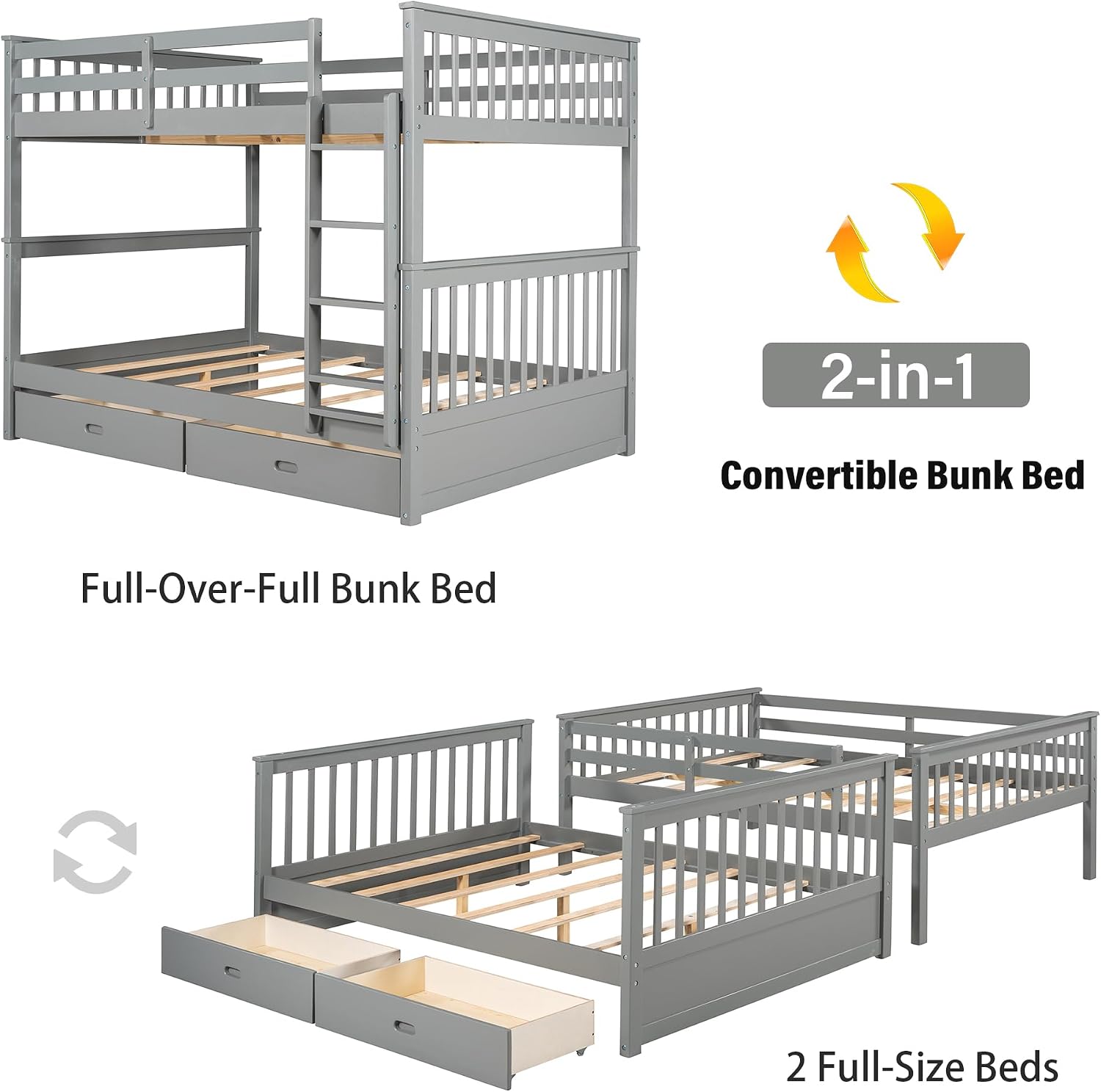 Merax Wood Bunk Bed with Drawers,Convertible Wood Bunk Bed with Ladders and Two Storage Drawers,Solid Wood Detachable Bed Frame with Ladders,Full Over Full,Grey
