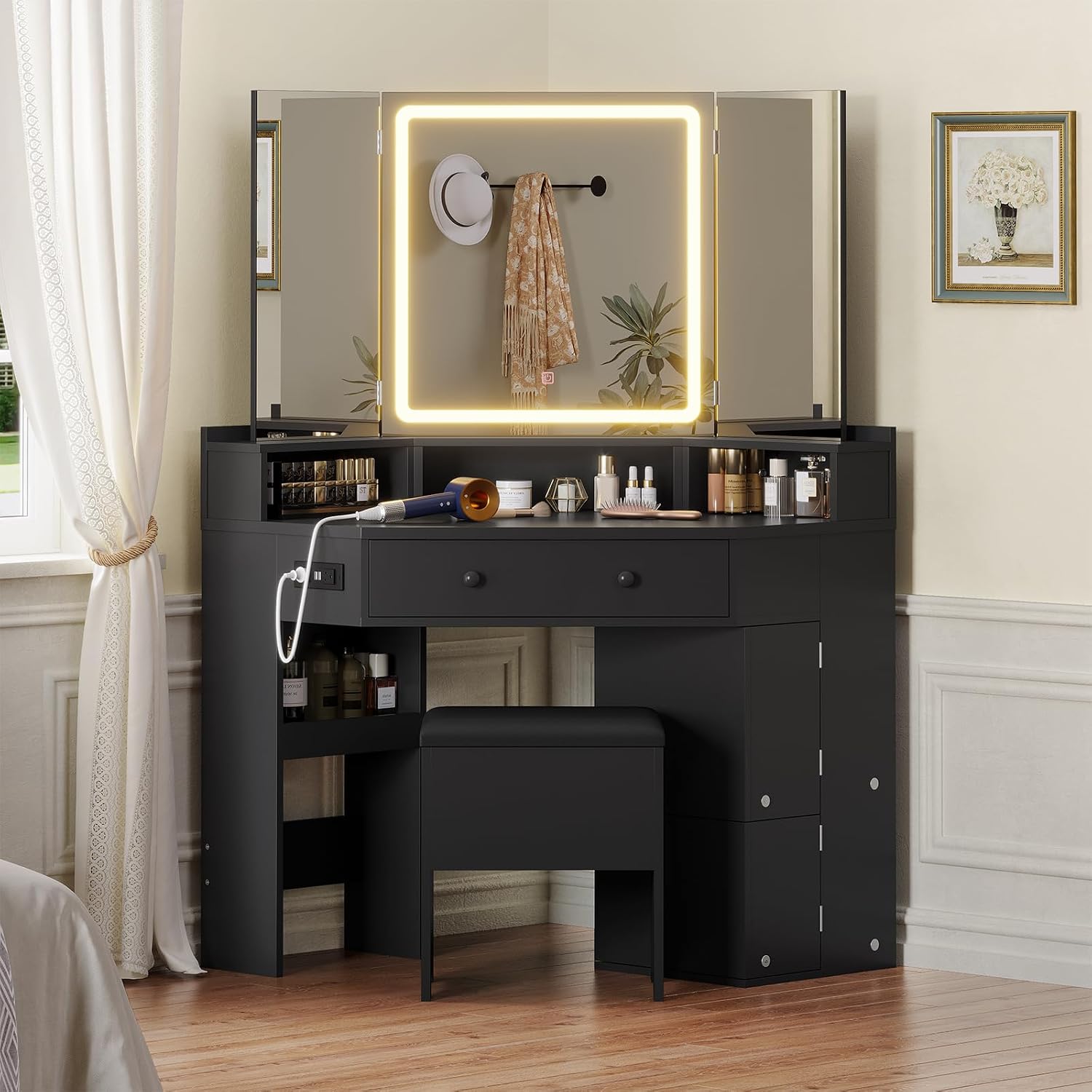 HAUOMS Corner Vanity Desk with Mirror and Lights, Power Outlet & Rotating Shelves, Makeup Vanities with Storage Bench, Drawers, 3 Light Settings, Dimmable for Women Girls, Black