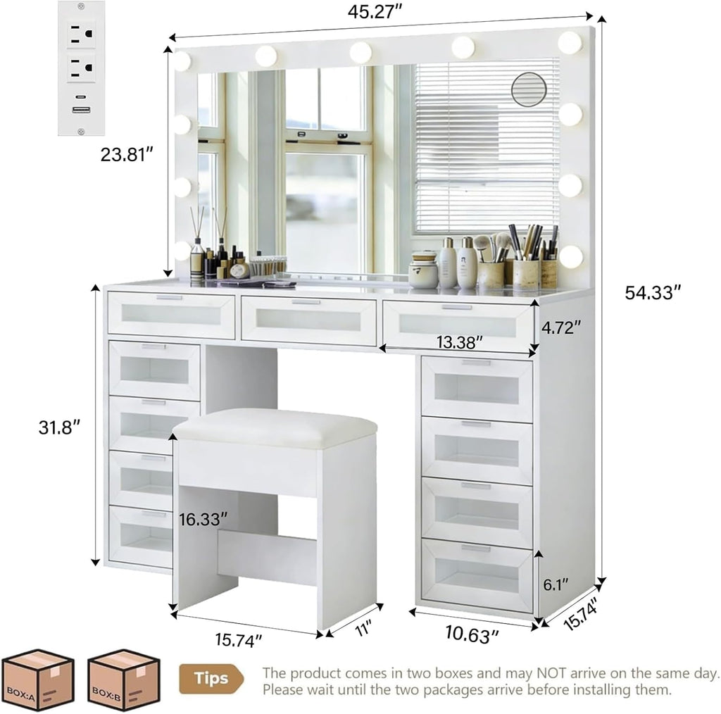 White Luxury Makeup Vanity with 11 Drawers & RGB Lights, Large Vanity Table with Padded Stool & 11 LED Bulbs, Vanity Desk with Power Station and Hair Dryer Holder, for Women Girls Bedroom.