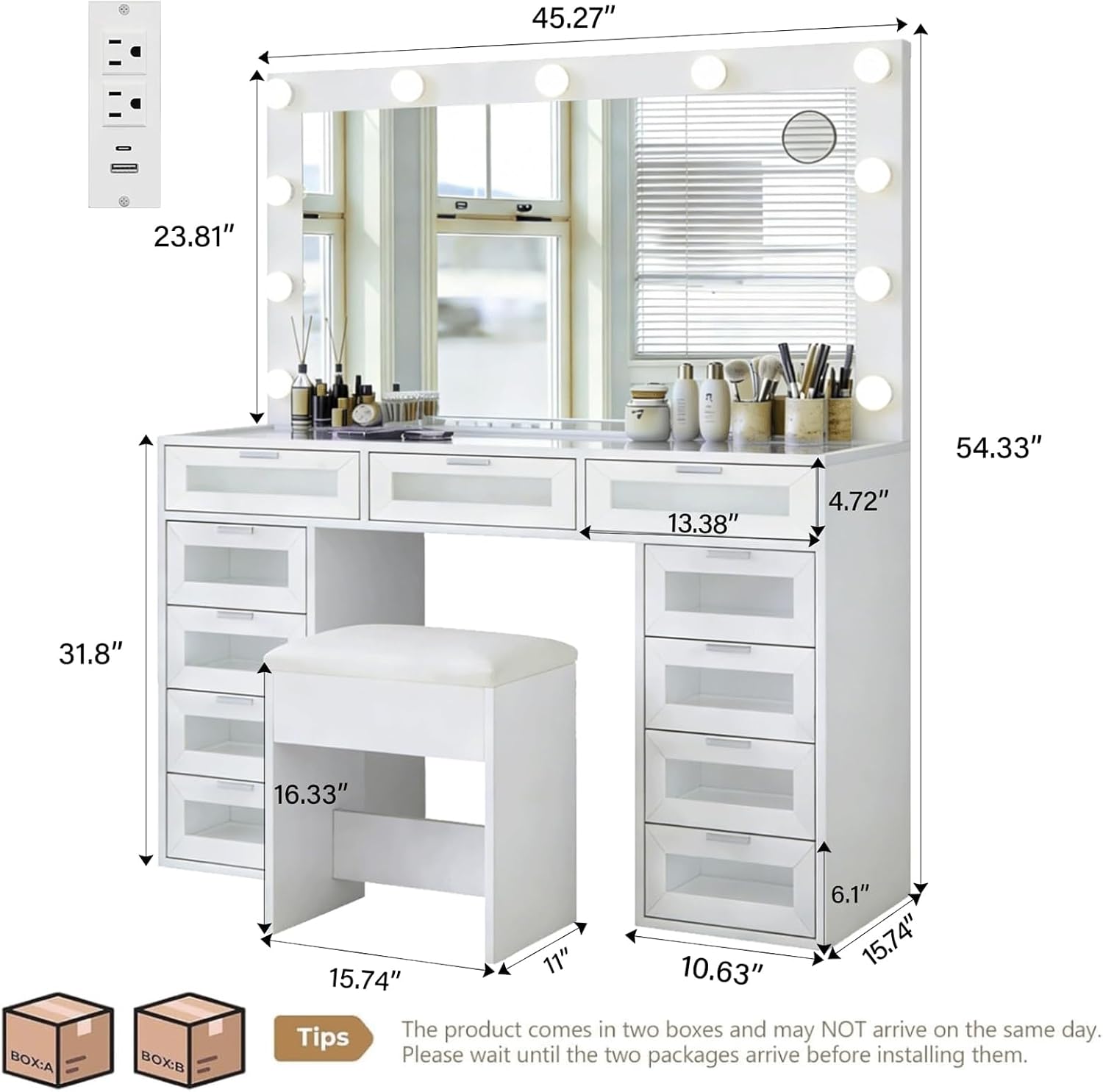 White Luxury Makeup Vanity with 11 Drawers & RGB Lights, Large Vanity Table with Padded Stool & 11 LED Bulbs, Vanity Desk with Power Station and Hair Dryer Holder, for Women Girls Bedroom.