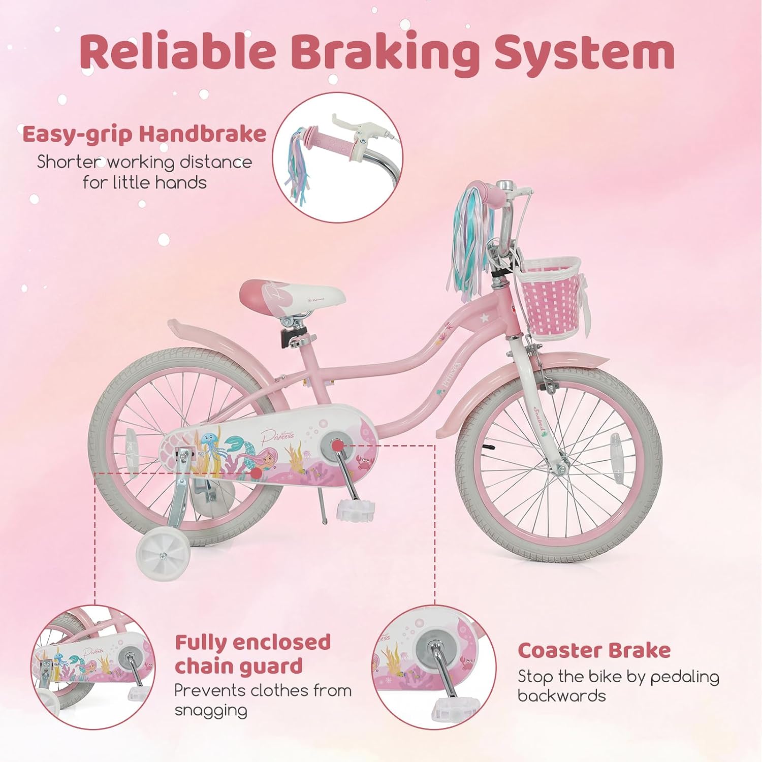 BABY JOY Kids Bike, 12' 14' 16' 18' Mermaid Girls Bike for 3-8 Years Old w/Basket, Training Wheels, Hand & Coaster Brakes, Adjustable Seat & Handlebar, 20' Children Bicycle with Kickstand for 8+