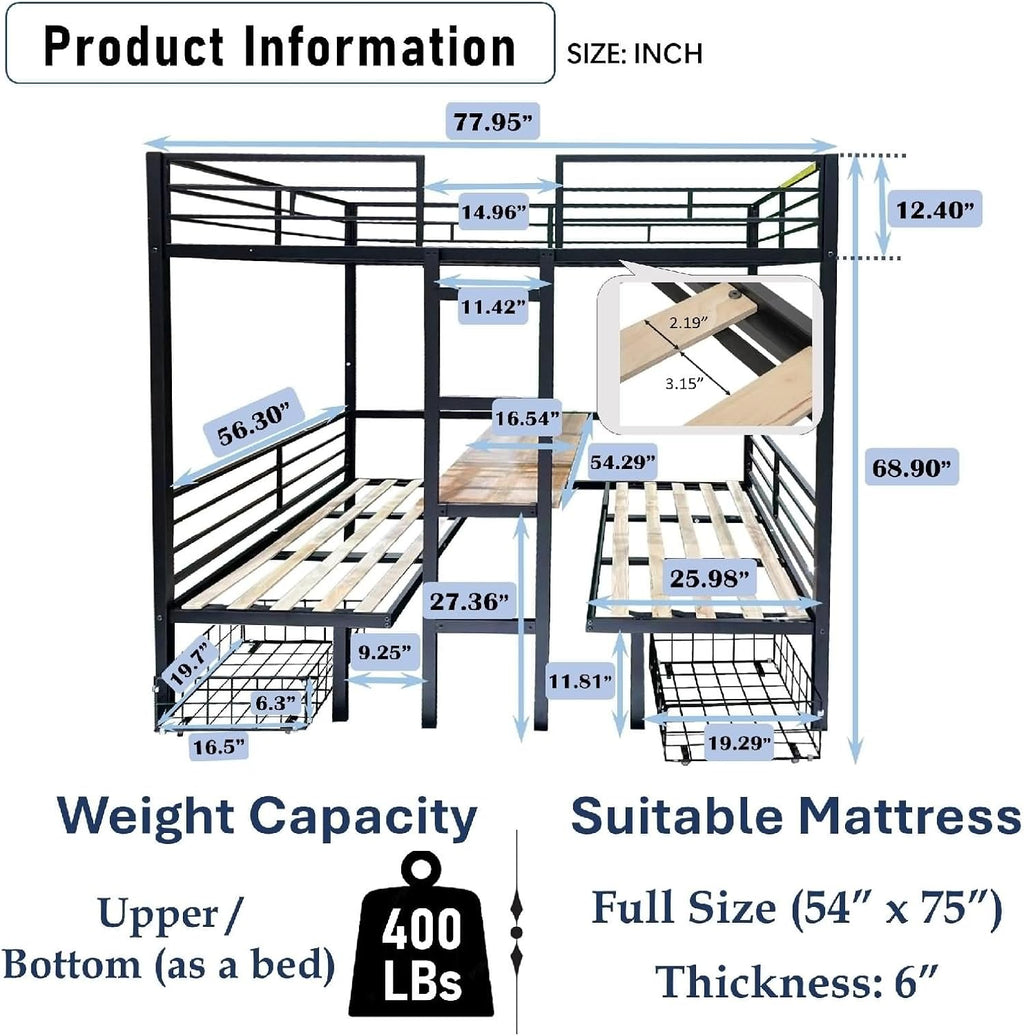 Black Bed Frame, Bed Frame for Adults Full Over Full with Table Set Transformable Steel 77.95' L x 56.3' W x 68.9' H