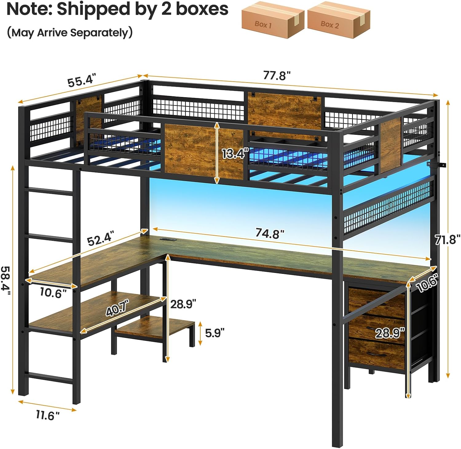 ADORNEVE Loft Bed Full Size with L-Shaped Desk, 3 Storage Drawers, Power Outlet, 3 Storage Shelves, Metal Loft Bed Frame with RGB Lights, Bed with Safety Guardrail & Ladders,Space-Saving,Rustic Brown