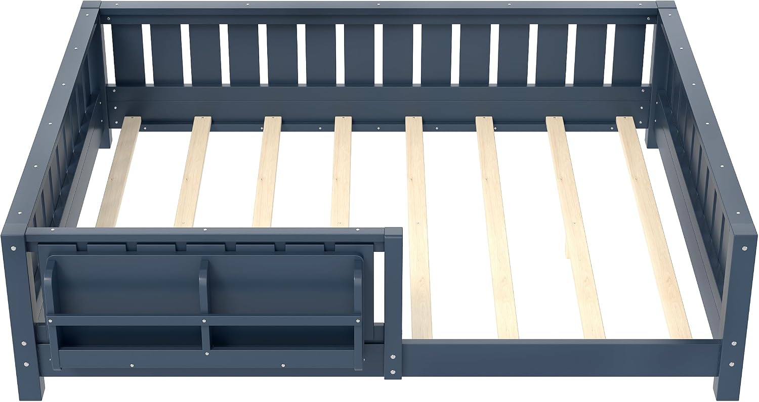 Bellemave Full Size Montessori Floor Bed with Slats and Fence, Full Size Montessori Bed with Rails and Bookcase, Easy Assemble Floor Beds Frame,Blue