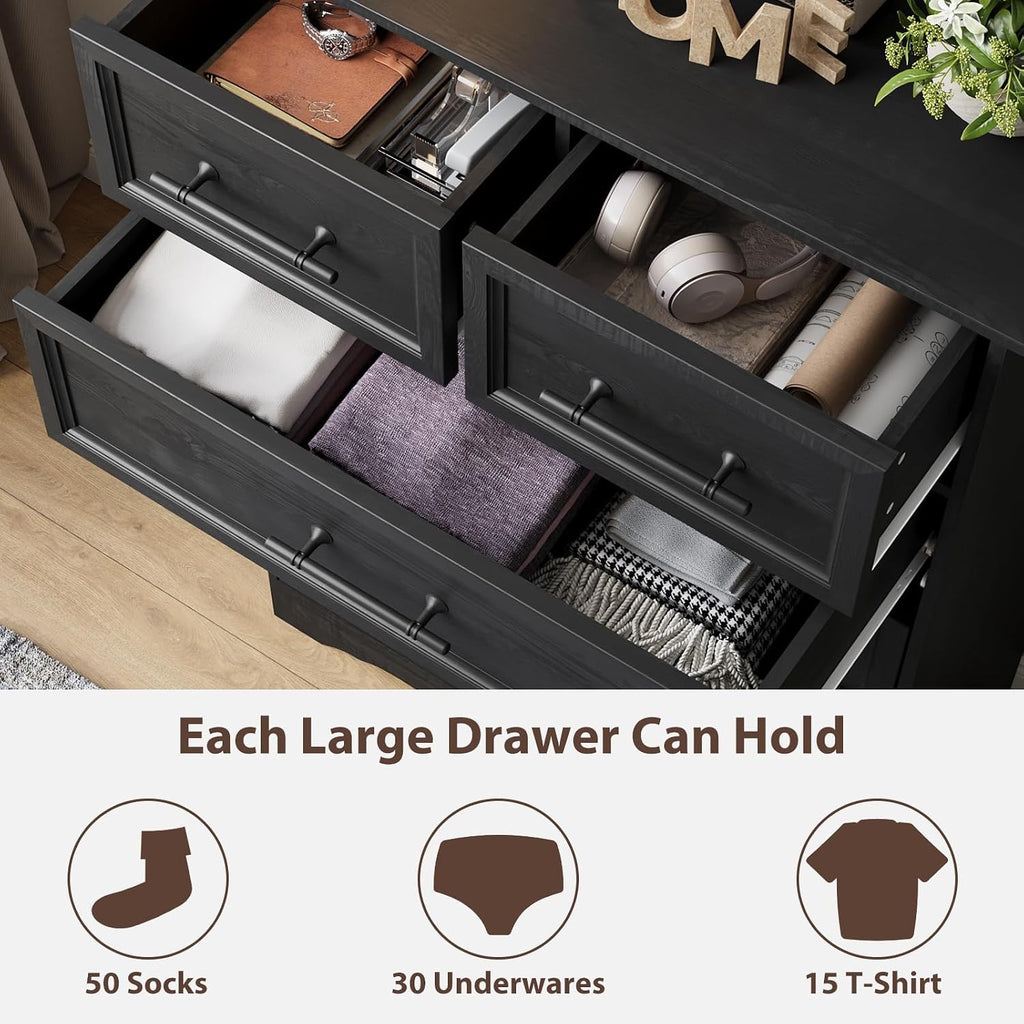 YANSNWO Black Farmhouse Dresser for Bedroom, Modern 6 Chest of Drawers, 44' Tall Chest of Drawers w/Brushed Metal Handle, Wood Closet Organizers and Storage Cabinet for Bedroom, Living Room, Hallway