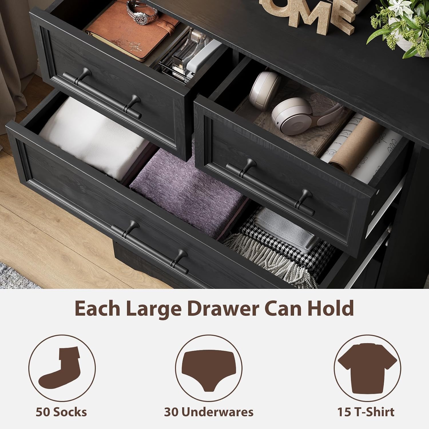 YANSNWO Black Farmhouse Dresser for Bedroom, Modern 6 Chest of Drawers, 44' Tall Chest of Drawers w/Brushed Metal Handle, Wood Closet Organizers and Storage Cabinet for Bedroom, Living Room, Hallway
