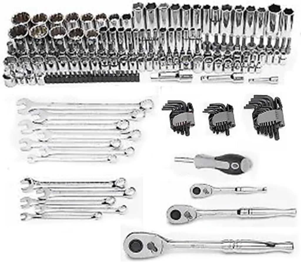 Master Mechanic 180 Piece Mechanics SAE and Metric Socket Tool Kit with 1/4, 3/8, and 1/2 Inch Drive, Assorted Bits, Adapters, Wrenches, and Hex Keys