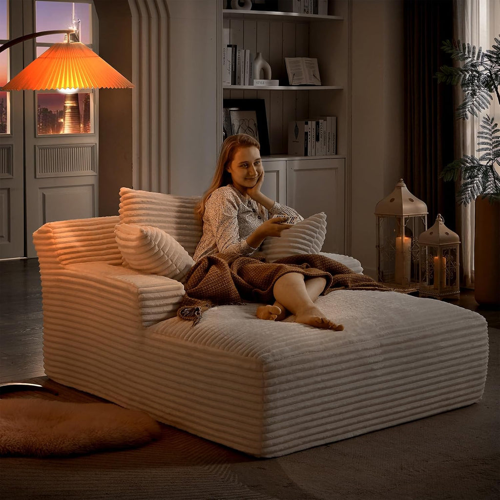 Oversized Chaise Lounge Chair Indoor, 66' Cloud Boneless Sleeper Couch Corduroy Upholstered Sofa Bed Deep Seat Comfy Reading Chair with 3 Pillows for Living Room Bedroom, Beige