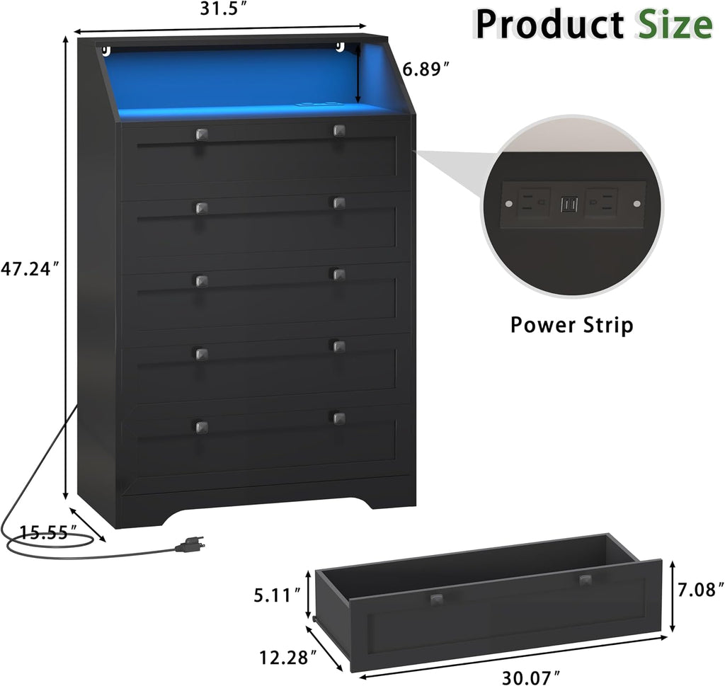Wodeer Black Dresser Tall 5 Drawer Dresser for Bedroom, Wood Chest of Drawers with LED Lights, Charging Station, Metal Handles, Modern Storage Cabinet and Organizer Drawers for Living Room, Hallway