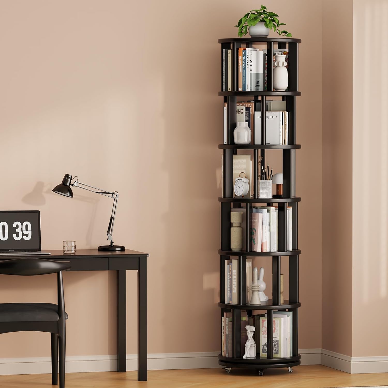 Muwuele Solid Wood Rotating Bookshelf on Wheels, 6 Tier, Round Revolving Bookcase, 360° Spinning Book Shelf Tower for Kids, Narrow Rolling Bookshelves for Small Space, Corner, Bedroom, Office, Black