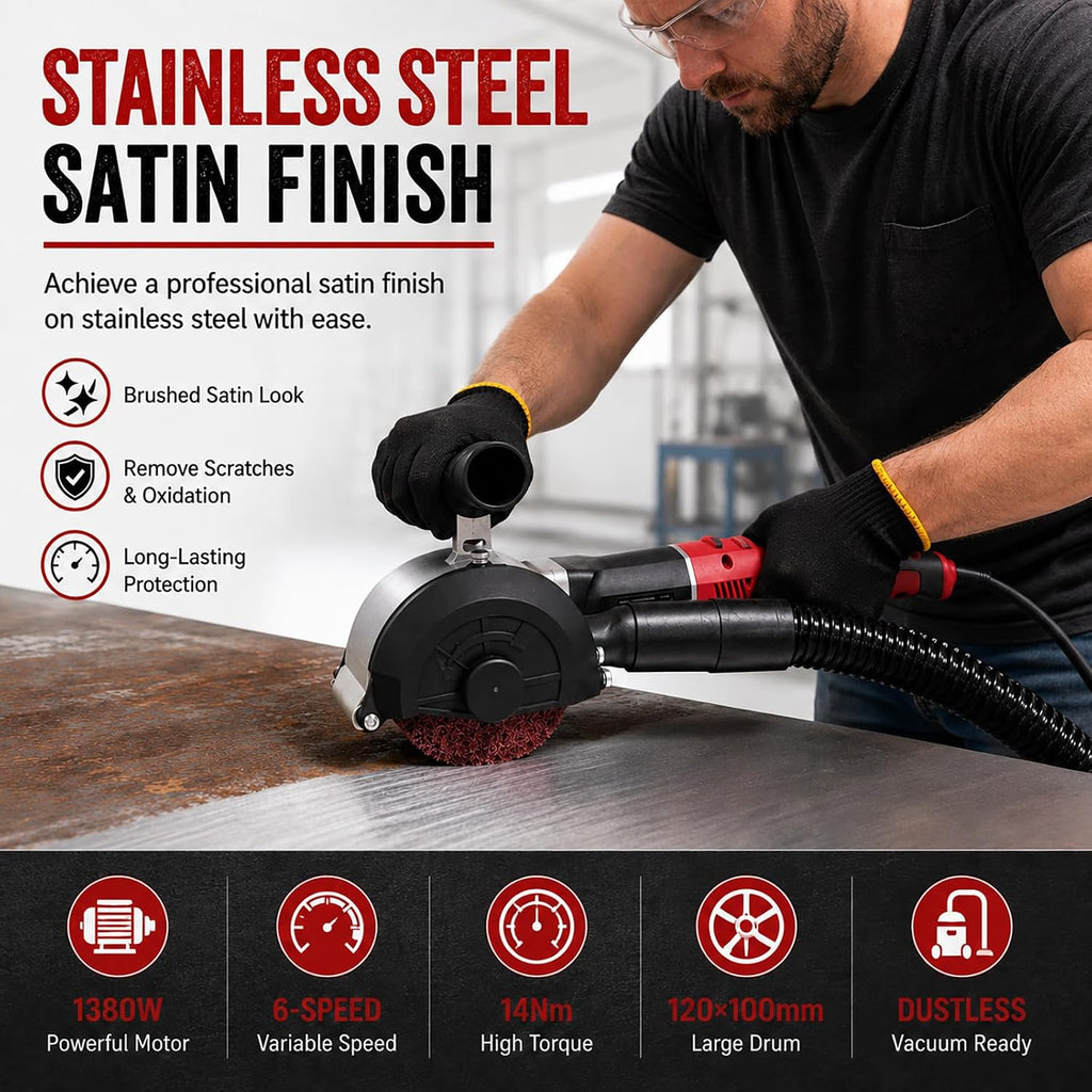 1380W Dustless Drum Burnishing Polisher, 6-Speed Variable Surface Conditioning Machine for Rust Removal, Paint Stripping, Stainless Steel Satin Finishing & Wood Restoration