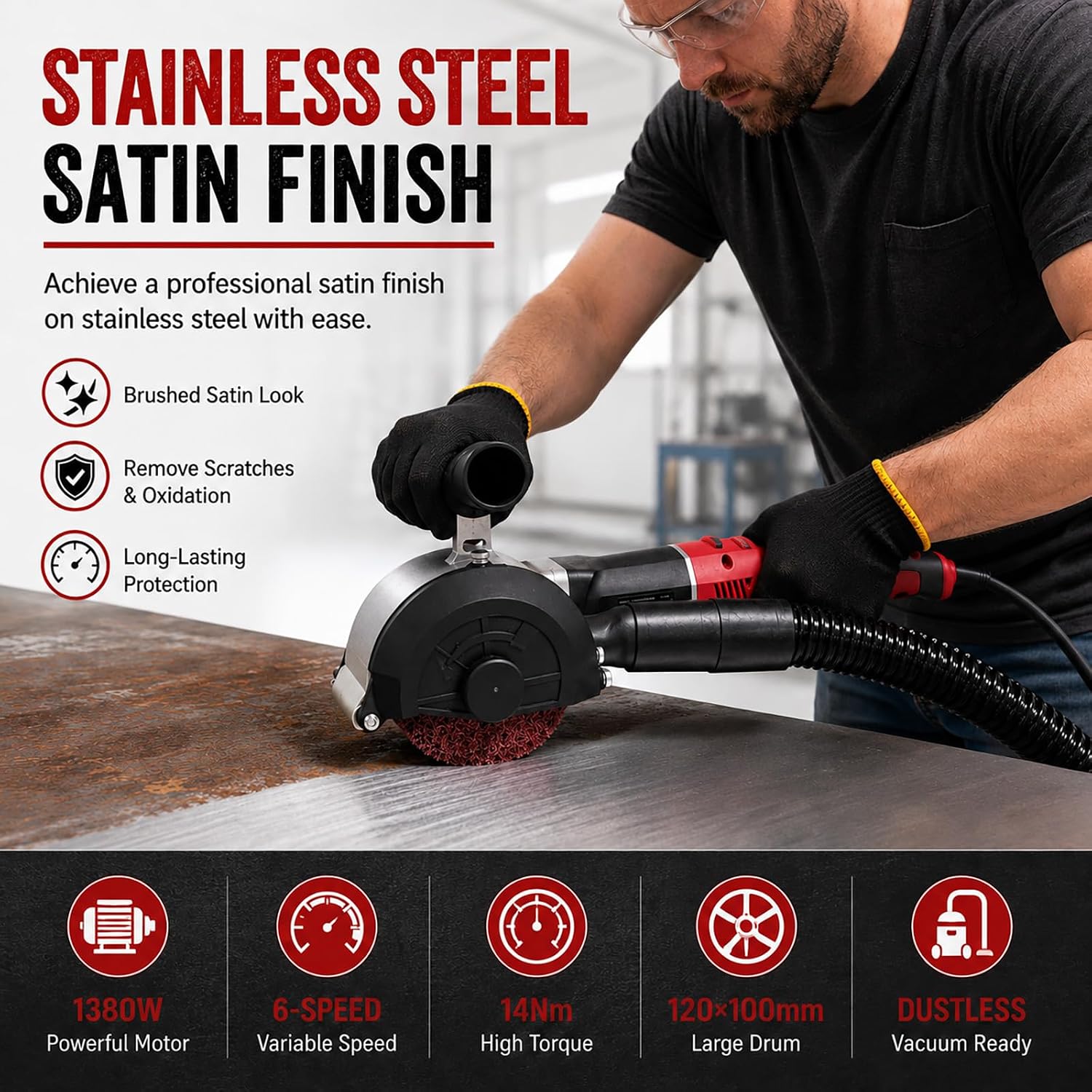 1380W Dustless Drum Burnishing Polisher, 6-Speed Variable Surface Conditioning Machine for Rust Removal, Paint Stripping, Stainless Steel Satin Finishing & Wood Restoration