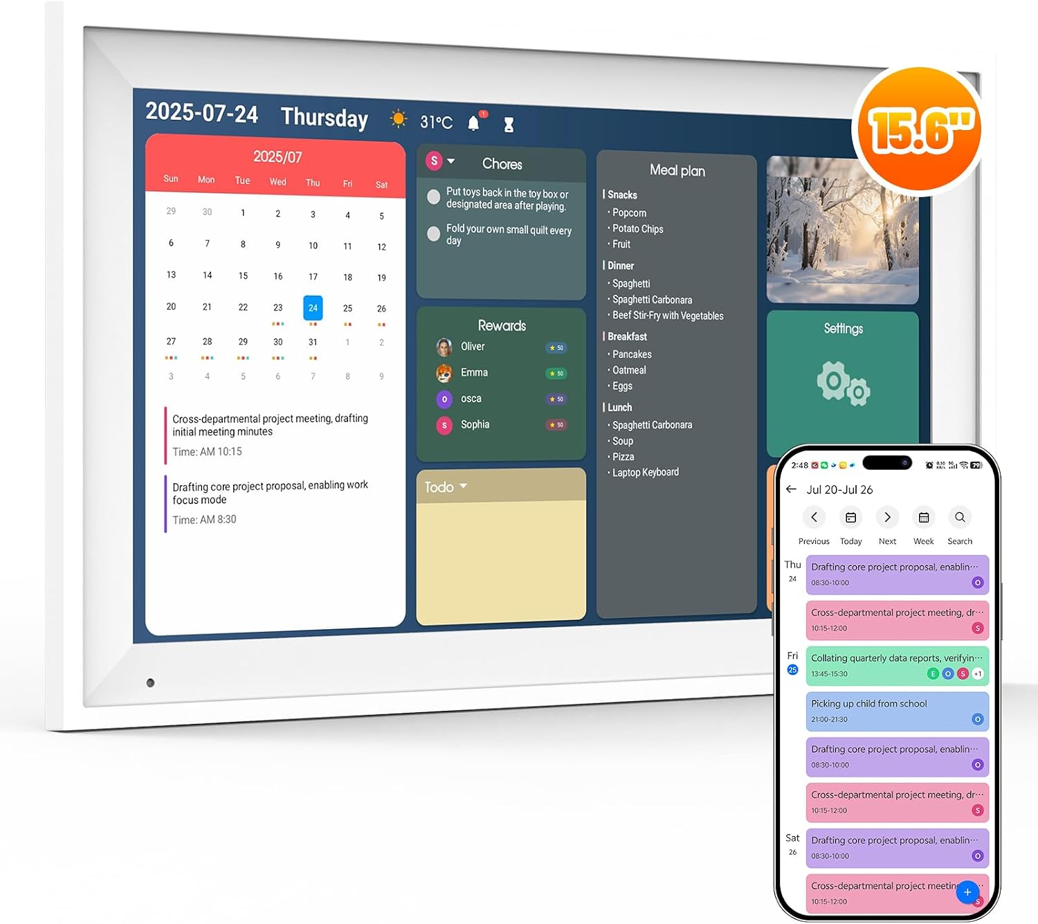 Digital Calendar 15.6' Smart Calendar&Chore Chart, 1920 * 1080 Interactive Touchscreen Electronic Calendar for Family Schedules, 64GB Wifi Meal Planner, Wall&Desk Mountable Calendar-White