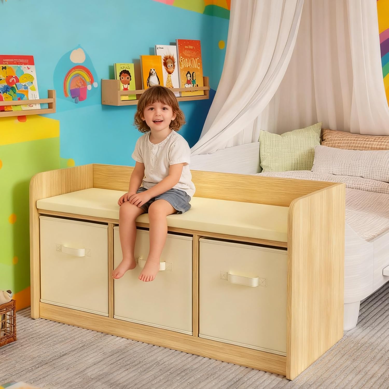 Kids Reading Nook Bench with 3 Drawers and Seat Cushion - Large Capacity Toddler Reading Corner，Kids Storage Bench