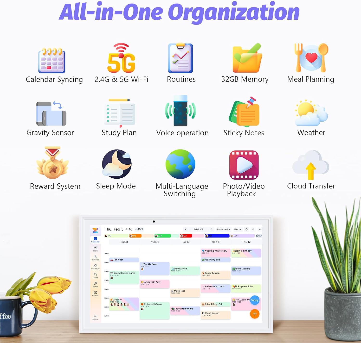 OcePor 15.6 Inch Digital Calendar, Electronic Calendar Chore Chart, Smart Calendars Wall Full HD Interactive Touchscreen Display for Family Schedules,Task (White)
