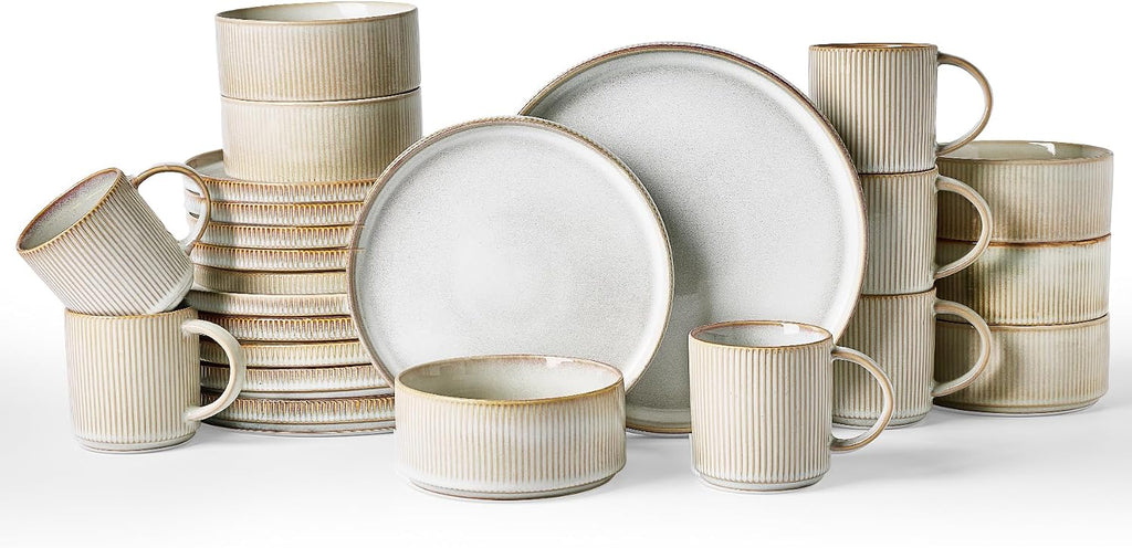Famiware Star Dinnerware Set with Mugs, Service for 6 (24 Pieces), Ribbed Stoneware Plates and Bowls Dishes Sets - Chip & Scratch Resistant, Microwave & Dishwasher Safe, Cappuccino White