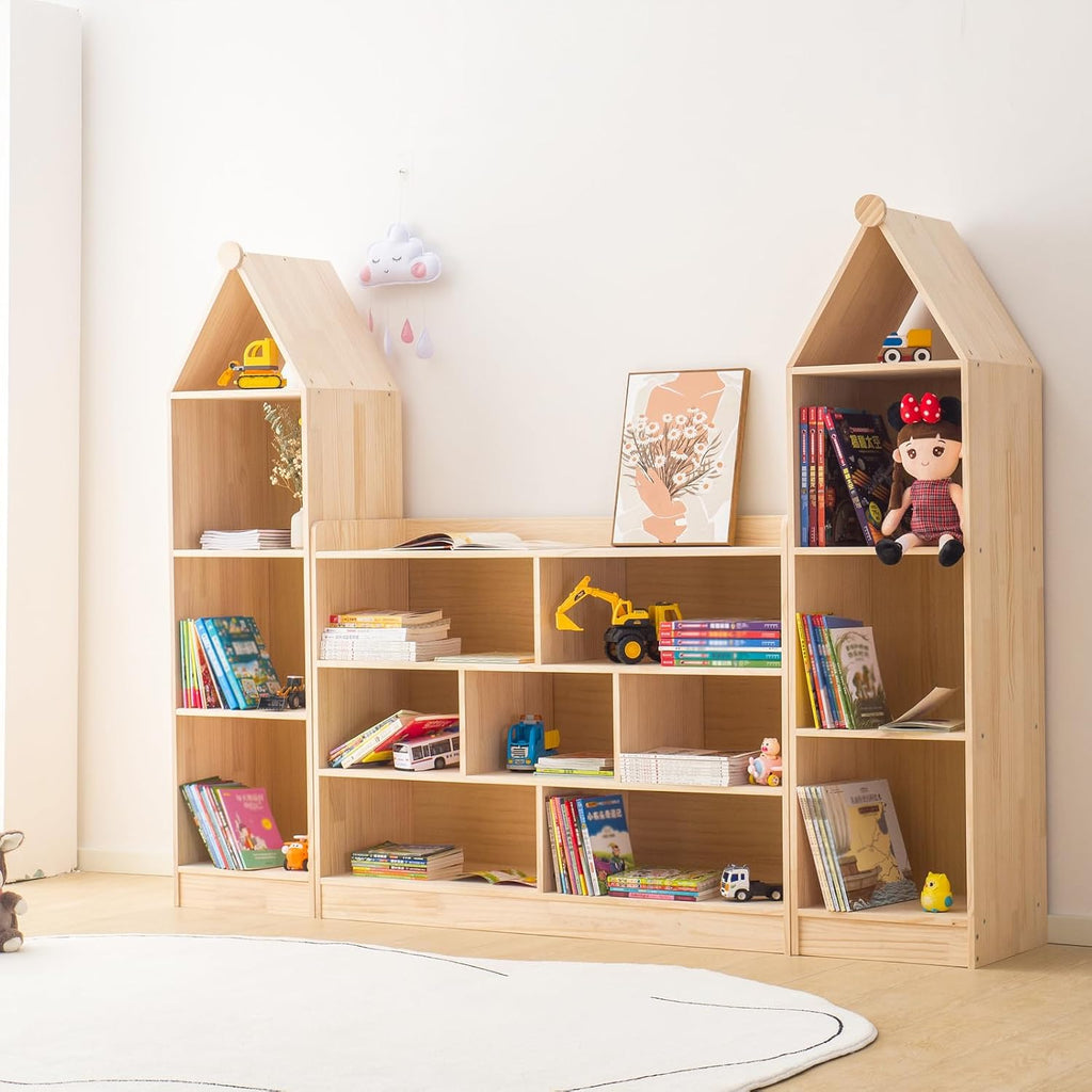 Wooden 7 Compartment Storage Cabinet Organizer Kids 3 Tier Wood Bookshelf School Storage Shelf Classroom Furniture for Kids Natural (47.24' L x 11.81' W x 35.43' H)