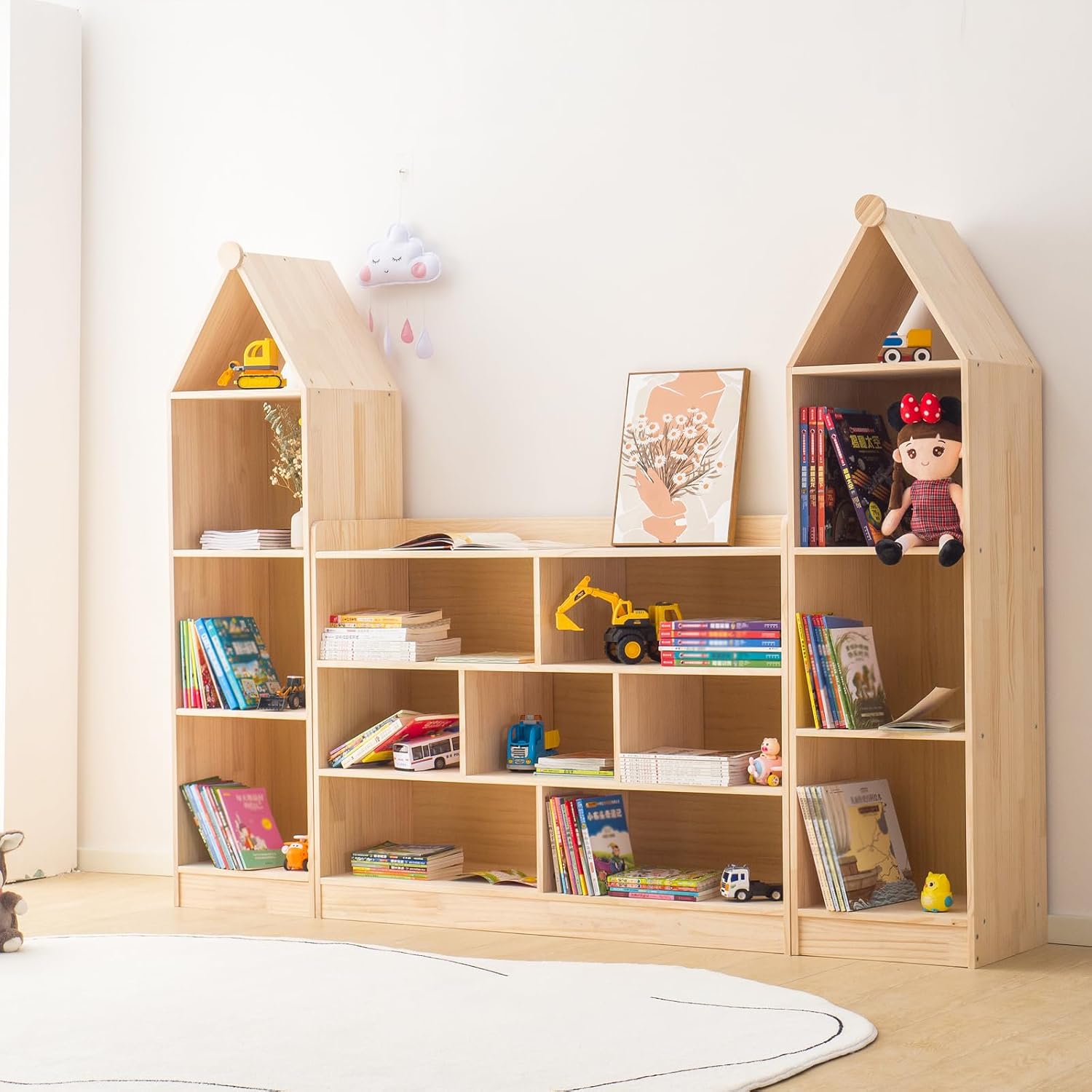 Wooden 7 Compartment Storage Cabinet Organizer Kids 3 Tier Wood Bookshelf School Storage Shelf Classroom Furniture for Kids Natural (47.24' L x 11.81' W x 35.43' H)