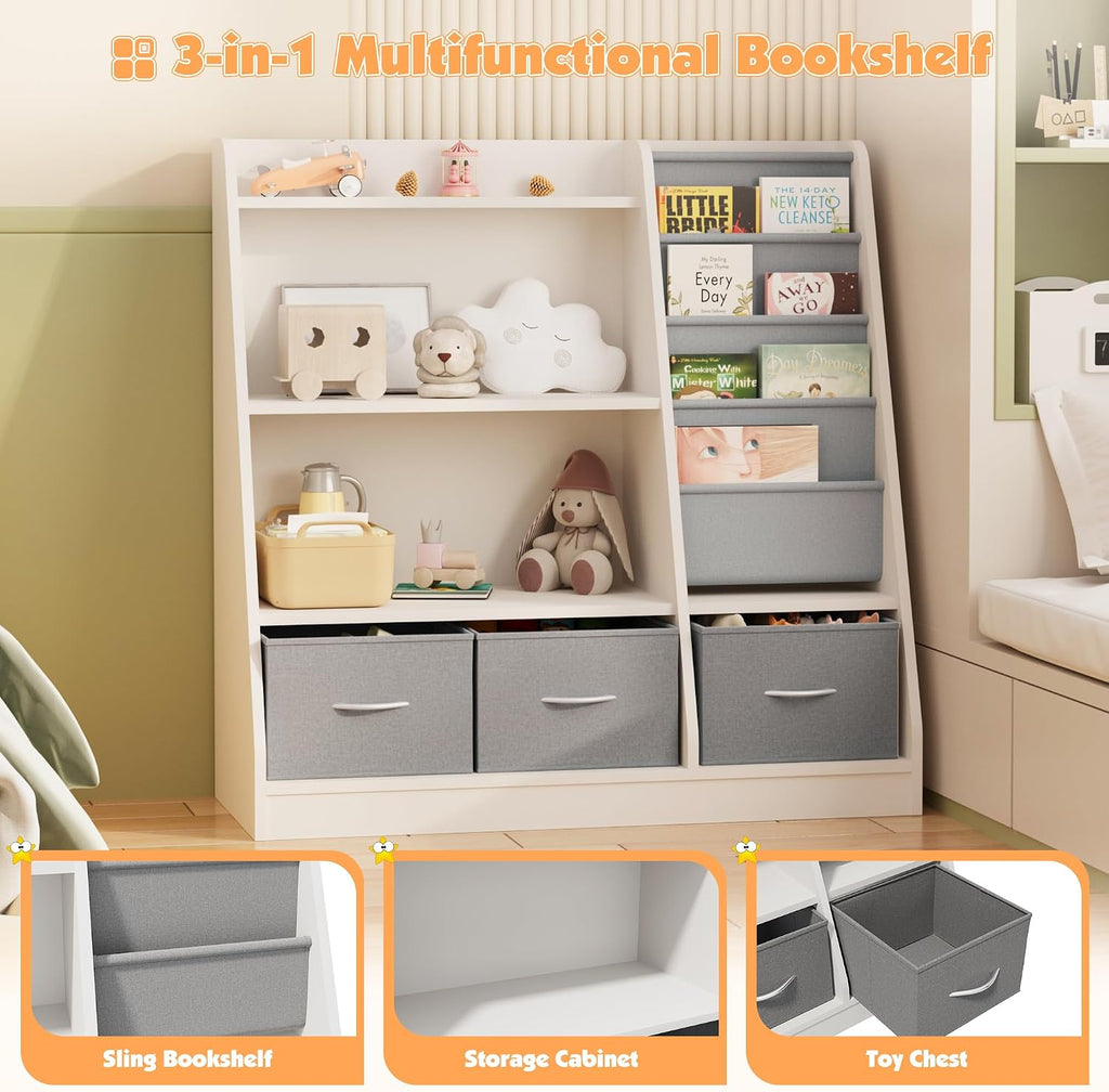 NACHES Kids Bookshelf and Toy Storage Organizer, Montessori Nursery Book Shelves with Sling Rack & Fabric Toy Bins, Children Toddler Baby Bookcase, Wooden Toy Shelf for Kids Room, Playroom, White