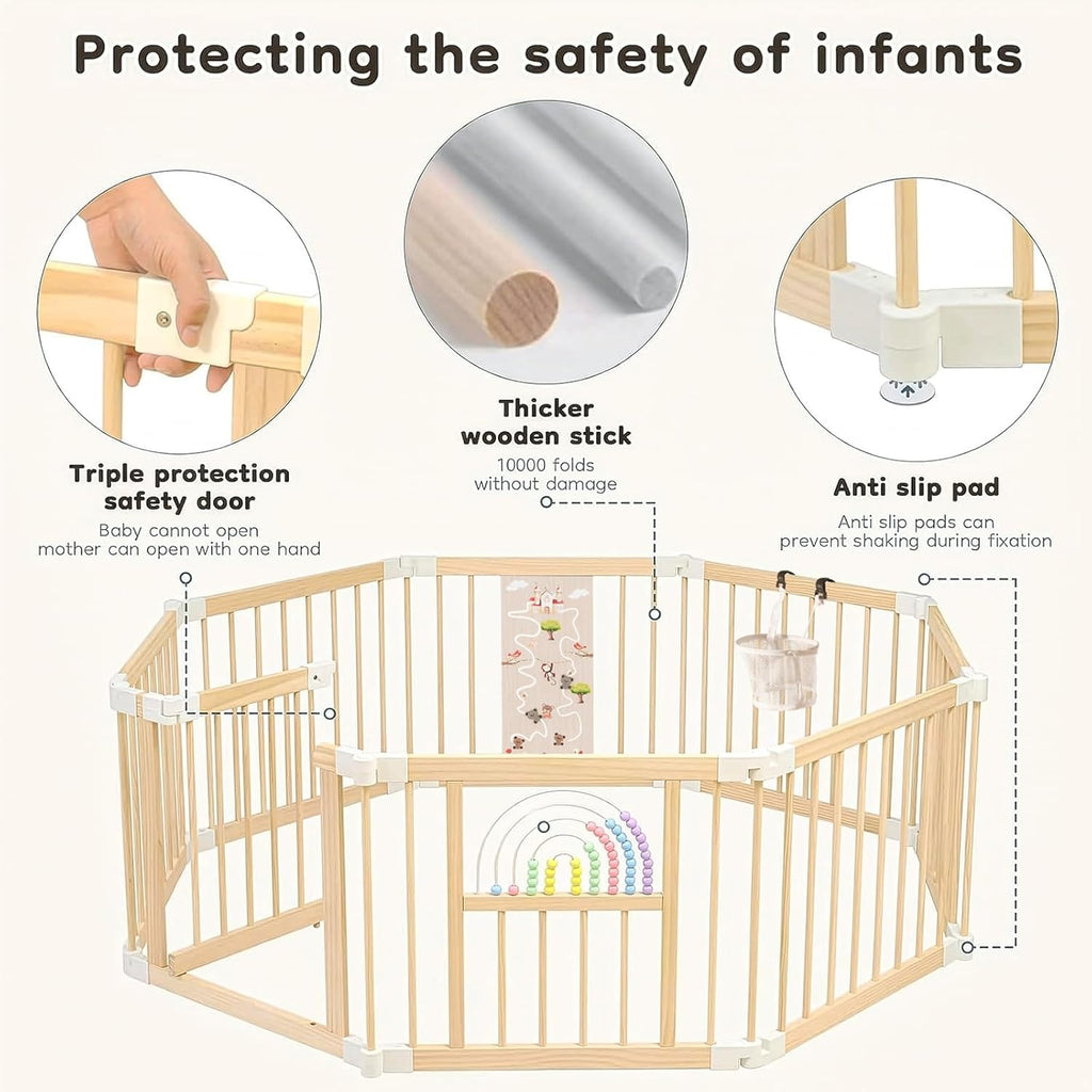 Ulnxiy Wooden Baby Playpen with Montessori Toys, 8-Panel Foldable Wood Play Yard for Toddlers, 56'x56' Large Baby Fence with Safety Lock, CPC Certified Natural Pine Wood Activity Center