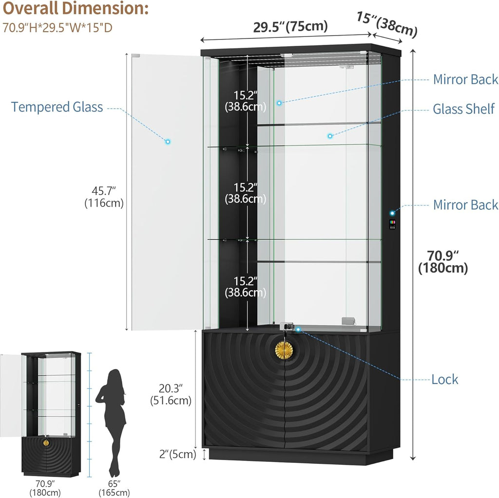 71'' Display Cabinet with Glass Doors,4-Tier Curio Black Cabinet with 3-Color Lights for Collectibles,Lockable Glass Display Case with Human Body Sensor,Tall Bookcase w/Shelves&Door Panel