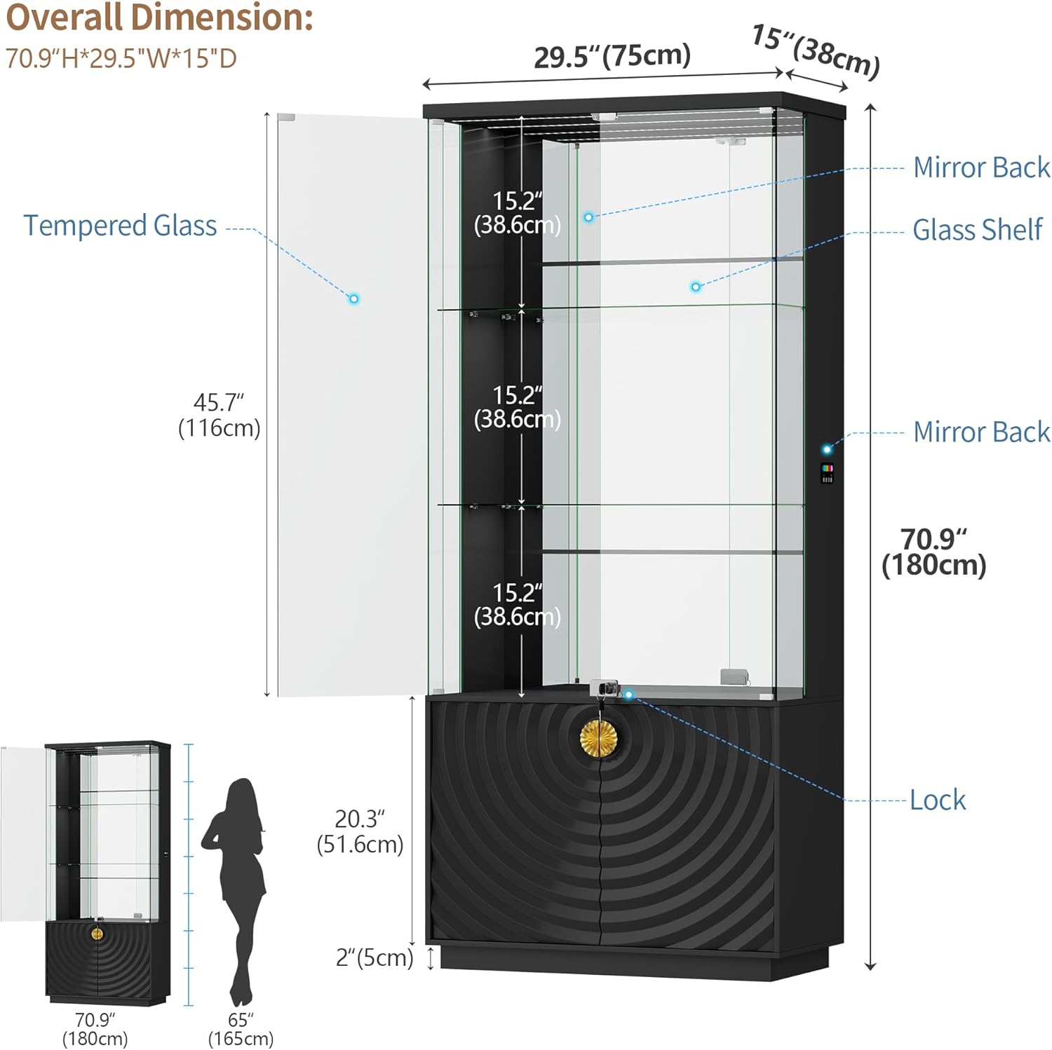 71'' Display Cabinet with Glass Doors,4-Tier Curio Black Cabinet with 3-Color Lights for Collectibles,Lockable Glass Display Case with Human Body Sensor,Tall Bookcase w/Shelves&Door Panel