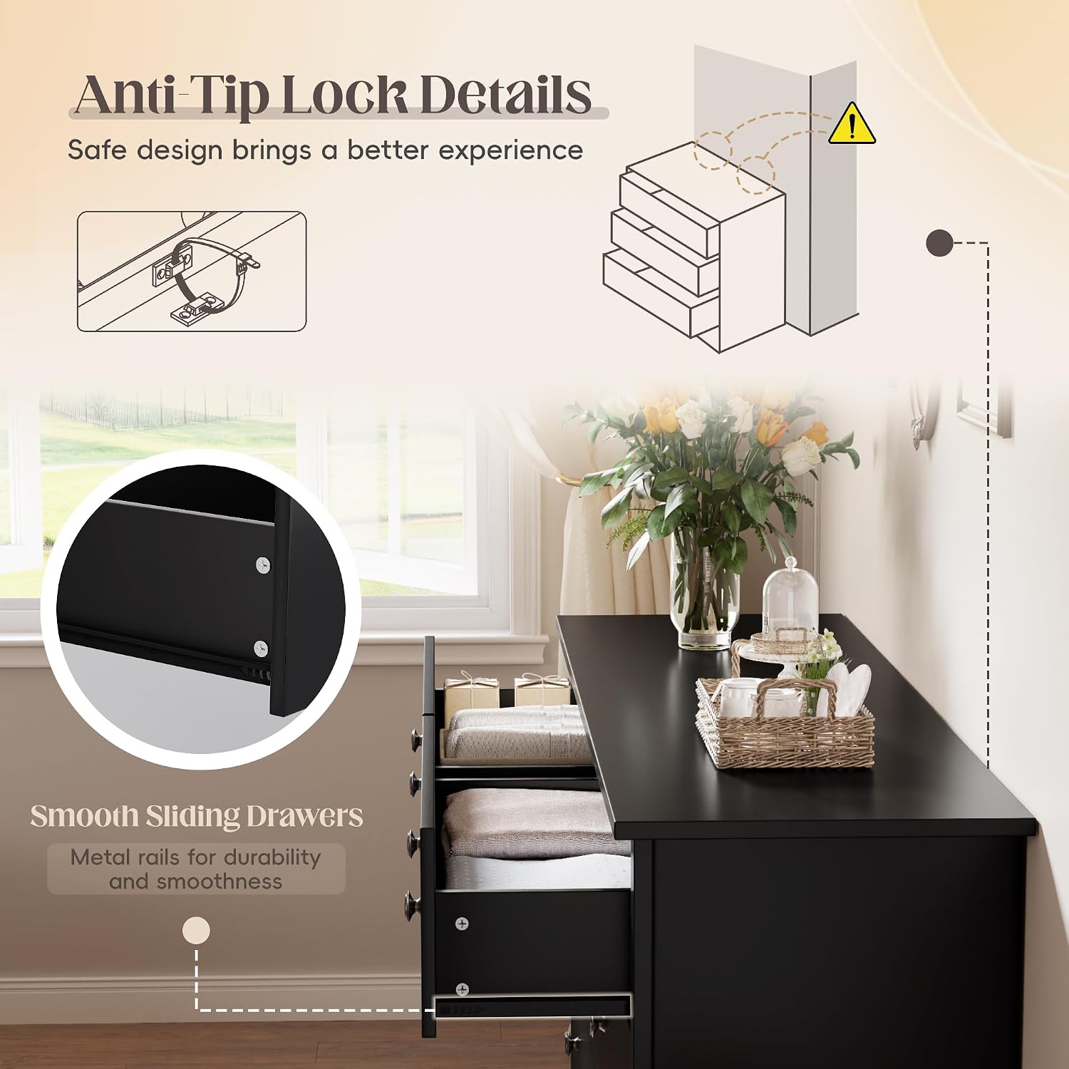JUMMICO Black Dresser for Bedroom, 6 Wood Dresser Drawers, Wide Chest of Drawers, Storage Tower Unit, Modern Design for Bedroom, Living Room, Hallway, Entryway
