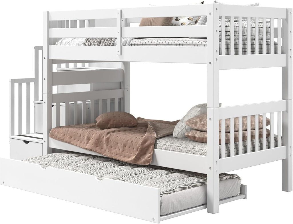 Bedz King Stairway Bunk Beds Twin Over Twin, 3 Step Drawers and a Twin Trundle, White