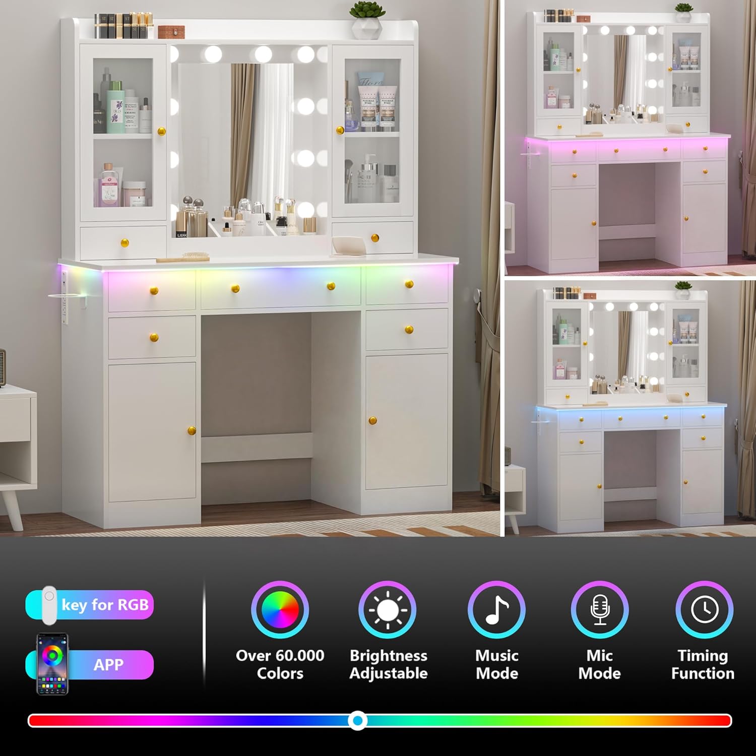 Wodeer Vanity Desk with Mirror and Lights, 43' White Makeup Vanity Set with 5 Drawers & Glass Cabinets, Makeup Tray, Power Outlet & Adjustable LED Lights, Dressing Table for Women Girls Bedroom