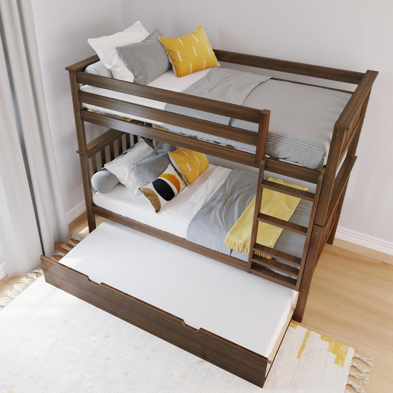Max & Lily Bunk Bed, Twin-Over-Twin Bed Frame for Kids with Trundle, Walnut