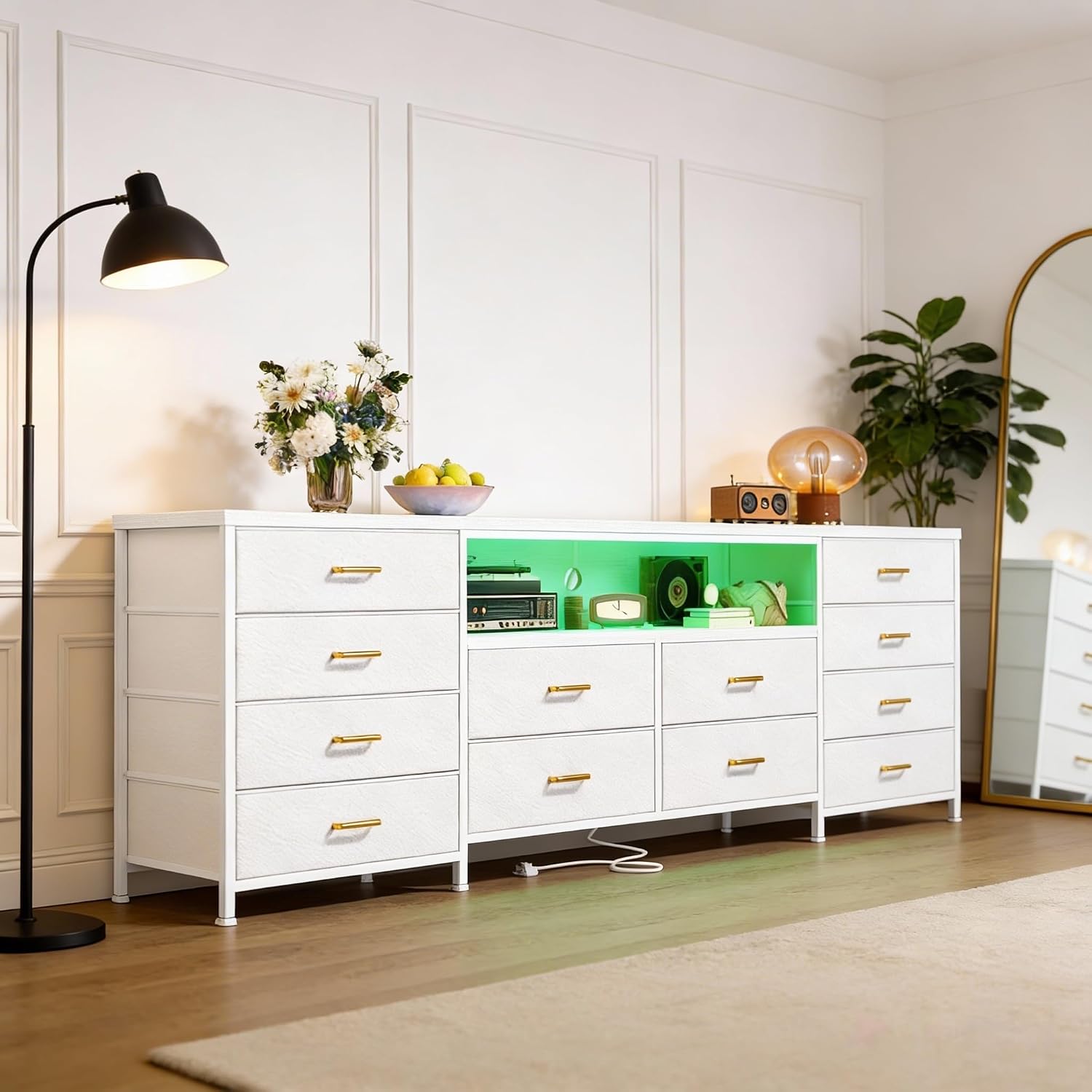EnHomee 63' W TV Stand Fits 55/65/70' TV, 12 Drawers Dresser with LED Lights & Power Outlets, Entertainment Center Long Fabric Dresser for Bedroom, Living Room, Hallway, White