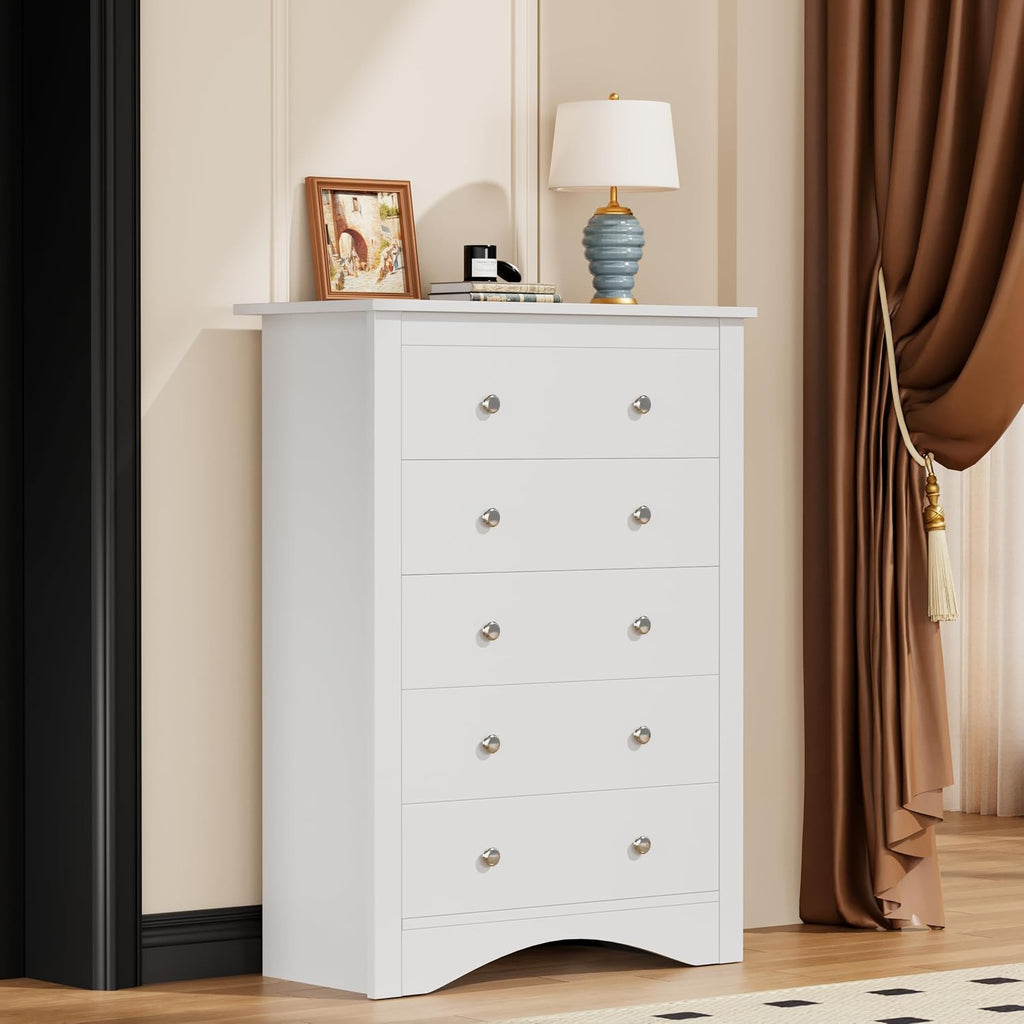 YESHOMY Tall Dresser for Bedroom with 5 Drawers, Modern Chest of Drawers, Wooden Dressers, TV Stand for Living Room,Closet, Hallway (Warm White)