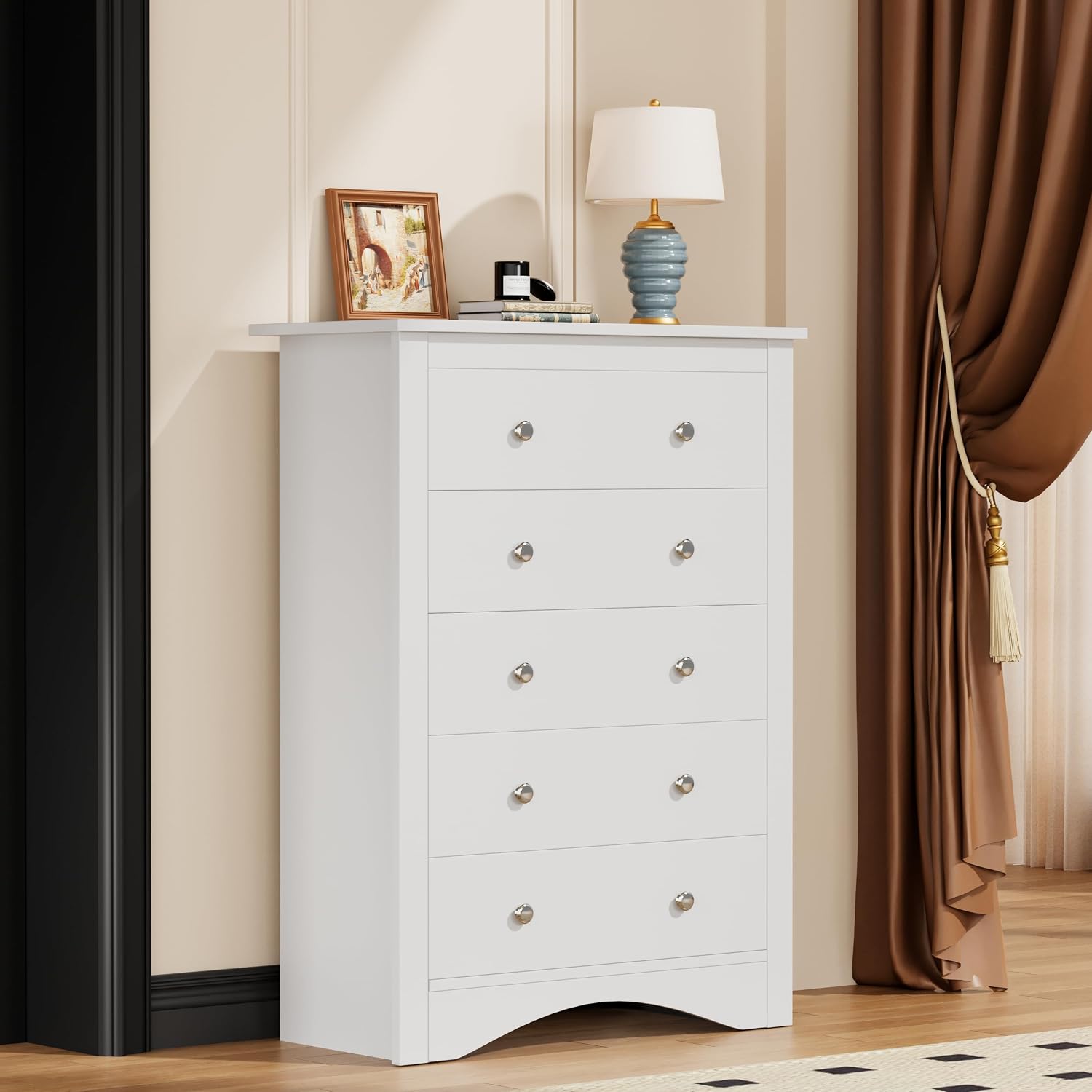 YESHOMY Tall Dresser for Bedroom with 5 Drawers, Modern Chest of Drawers, Wooden Dressers, TV Stand for Living Room,Closet, Hallway (Warm White)