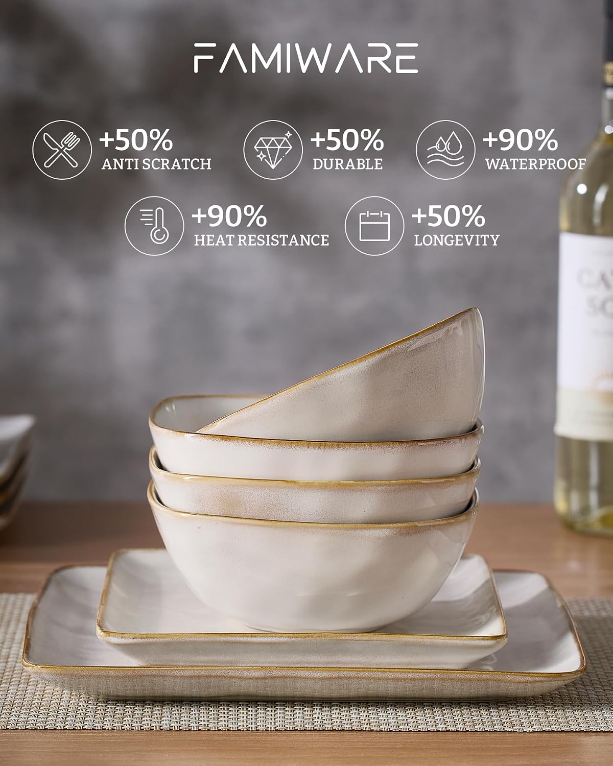 Famiware Dinnerware Sets for 8, Ocean Square 24-Piece Kitchen Plates and Bowls Sets, Microwave and Dishwasher Safe, Scratch Resistant, Cappuccino White