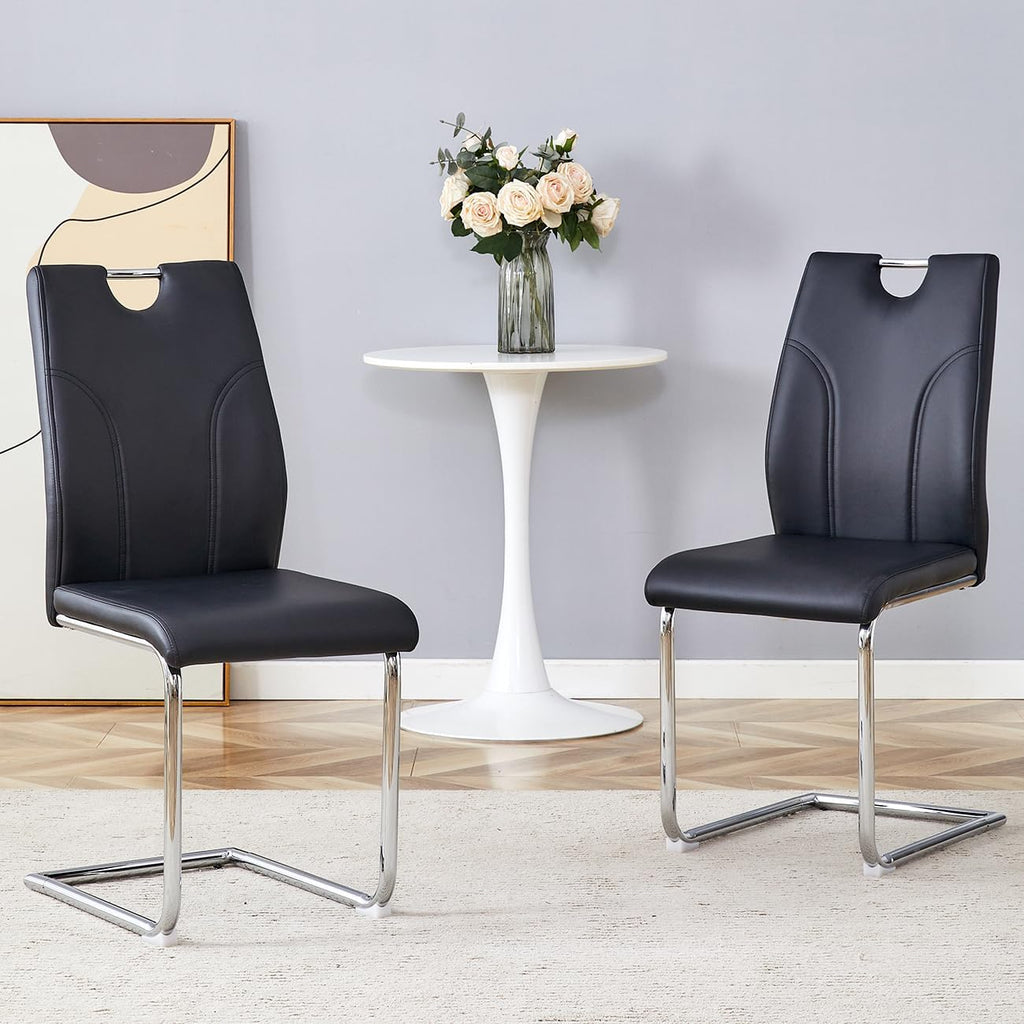 Dining Chairs Set of 2 Modern PU Kitchen Chairs with High Back,Soft Cushion Chrome Metal Legs for Dining Room,Living Room, Bedroom (Black+Silver, Set of 2)