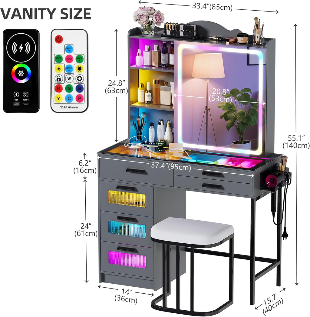 Glass Top Makeup Vanity Desk with RGB LED Light & Adjustable Mirror, Modern Makeup Dresser with Charging Station,Vanity Table Set with 6 Drawers & Hair Dryer Holder for Bedroom,Grey