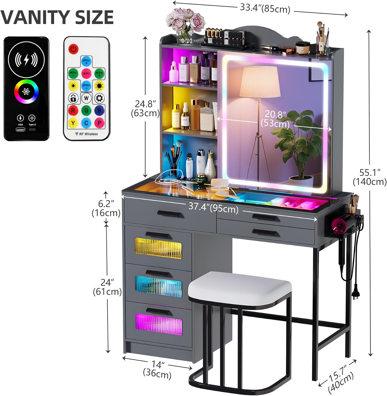 Glass Top Makeup Vanity Desk with RGB LED Light & Adjustable Mirror, Modern Makeup Dresser with Charging Station,Vanity Table Set with 6 Drawers & Hair Dryer Holder for Bedroom,Grey