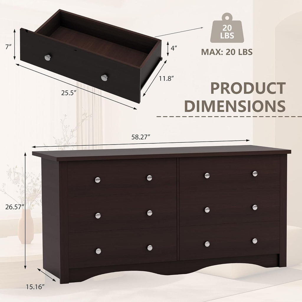 YESHOMY 6 Drawer Dresser for Bedroom, Wood Dresser, Chest of Drawers Storage Organizer, TV Stand for 55 inch TV, for Living Room, Hallway, Closet (Dark Brown)