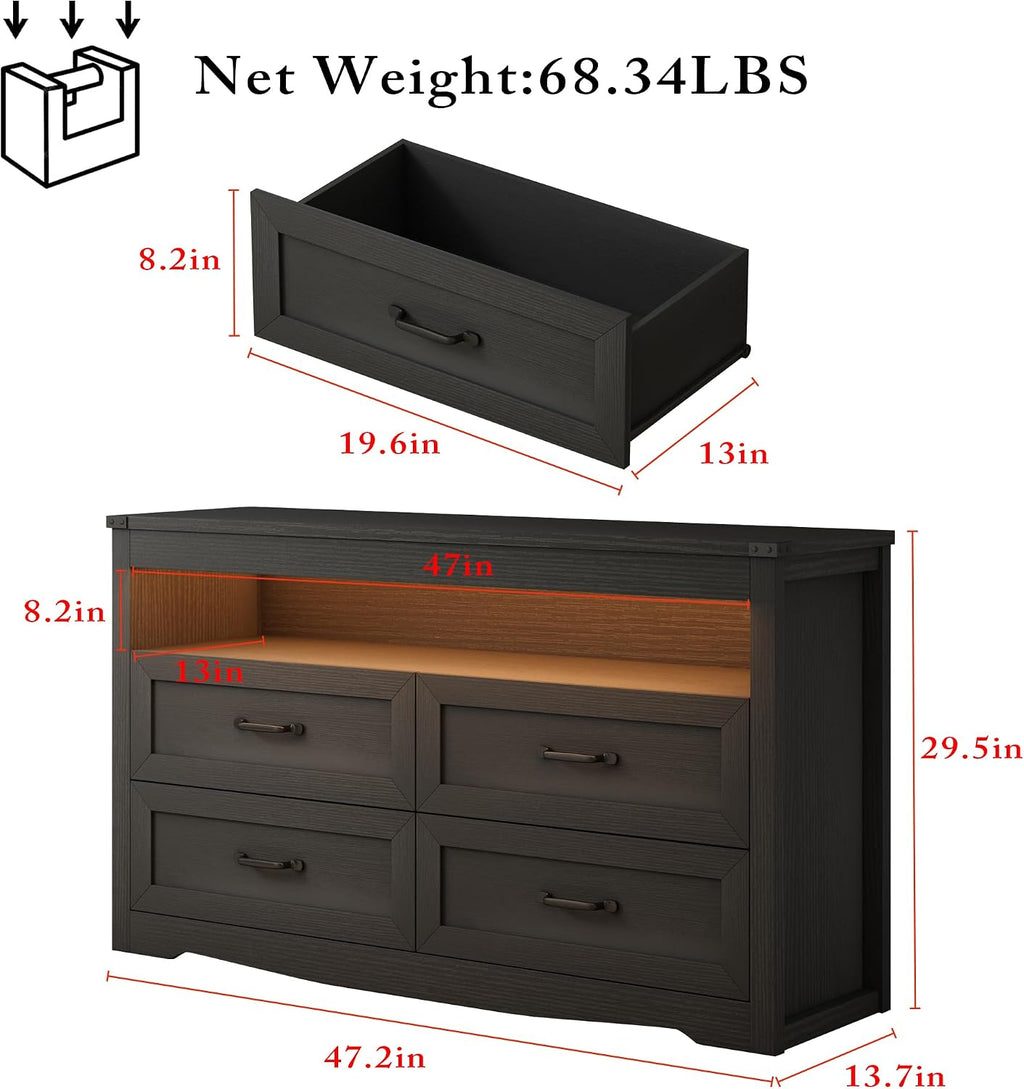 Wodeer Black Dresser for Bedroom, Wood 4 Drawer Dresser with LED Light, Dressers & Chests of Drawers with Metal Handles, Storage and Organization for Bedroom, Hallway, Entryway