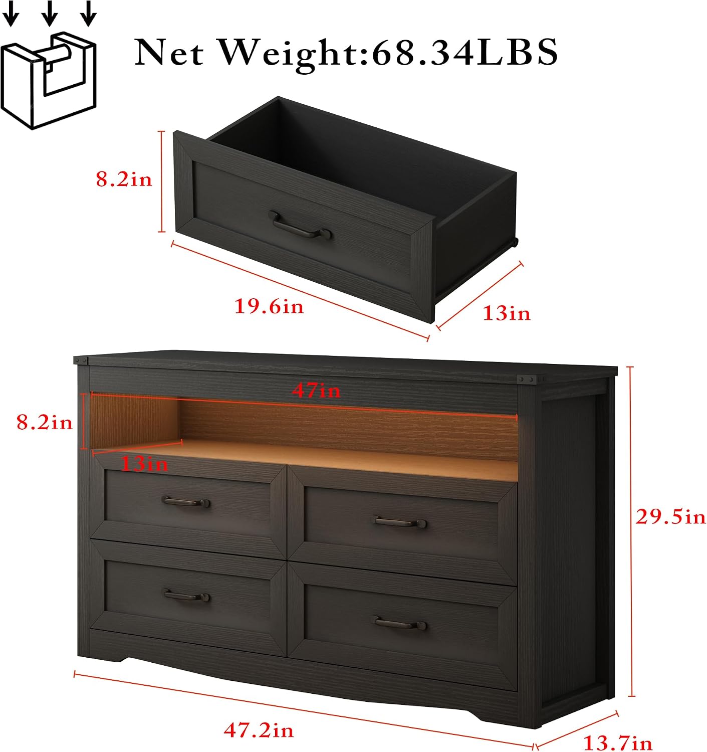 Wodeer Black Dresser for Bedroom, Wood 4 Drawer Dresser with LED Light, Dressers & Chests of Drawers with Metal Handles, Storage and Organization for Bedroom, Hallway, Entryway