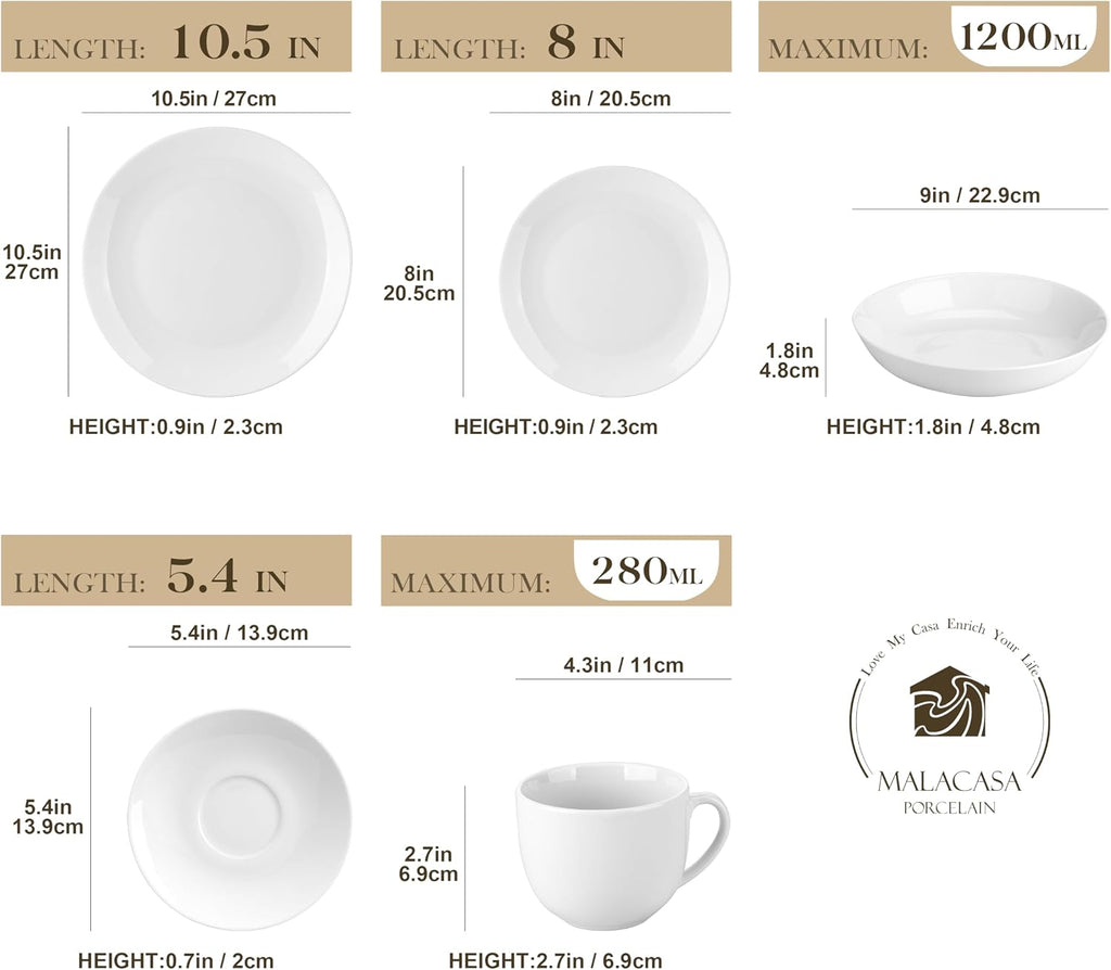 MALACASA 30-Piece Gourmet Porcelain Dinnerware Sets, Modern White Round Dish Set for 6 - Premium Serving Plates and Bowls Sets for Dessert, Salad, Soup, Pasta - Series AMELIA