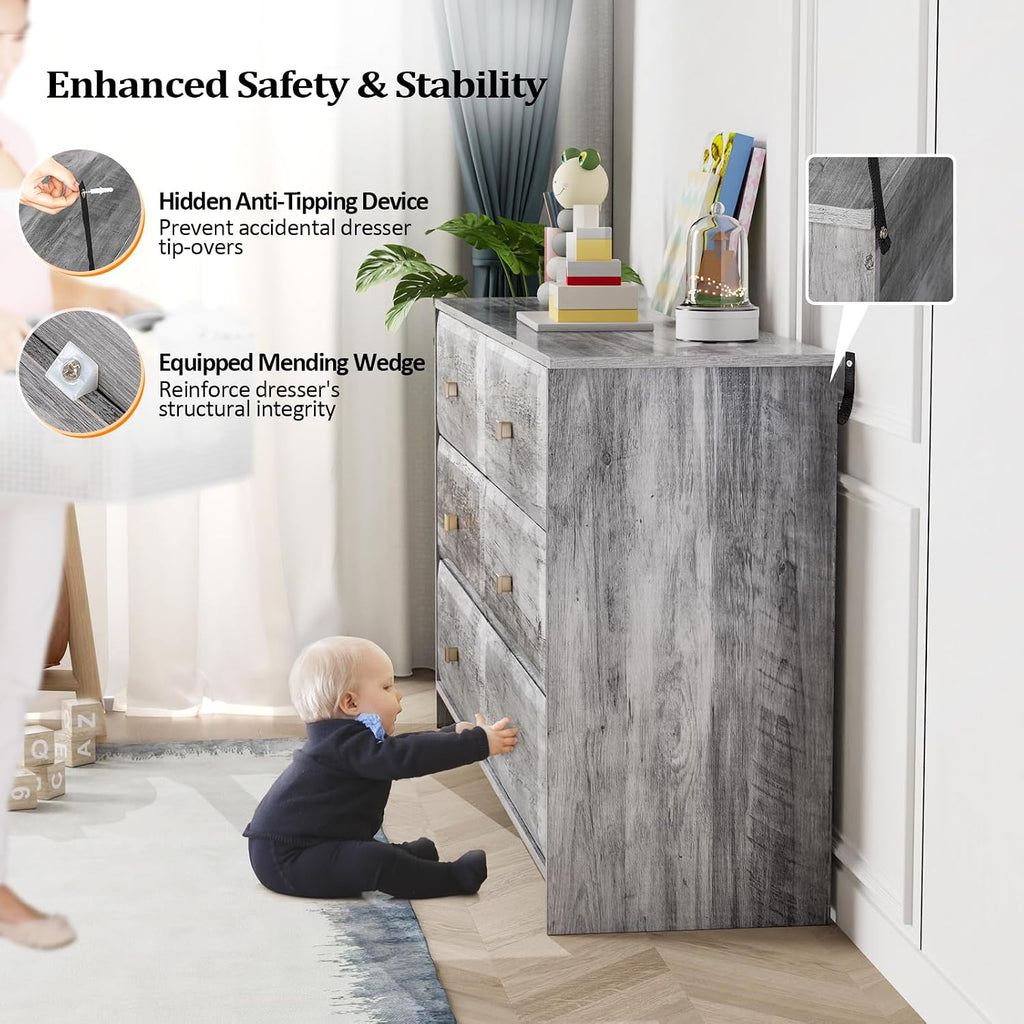 VINGLI Washed Gray Dresser 6 Drawer, 53.9' Long Dresser Wood with Textured Drawer Front, Grey Chest Dressers for Bedroom, Storage Cabinet, Chest of Drawers, Living Room,Hallway,Rustic