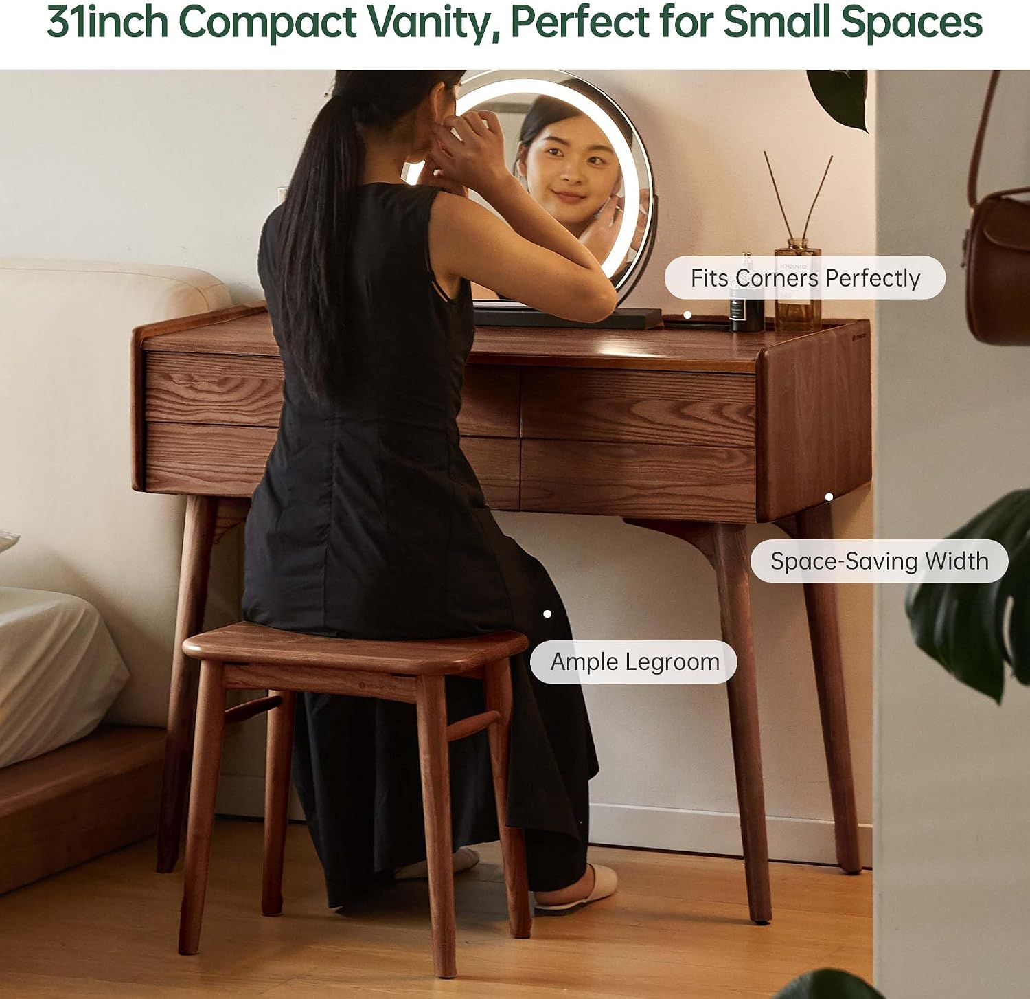 YESWOOD Samll Vanity Desk, Ash Wood Makeup Table for Girls, Walnut Color Vanity Set for Bedroom, Bathroom, Study Desk for Study Room, 18' D x 32' W x 32' H, No Chair and No Mirror